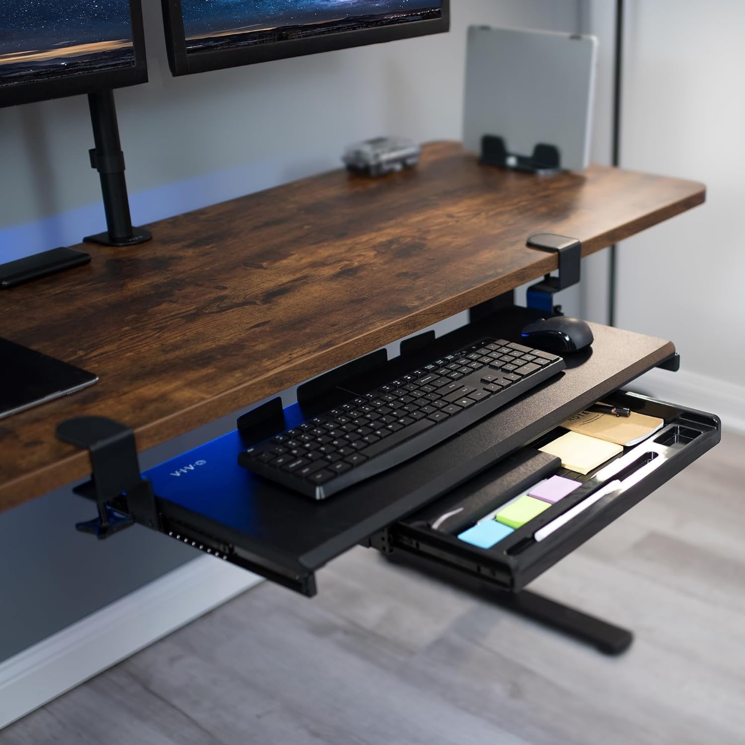 image:imageVIVO Large Keyboard Tray Under Desk Pull Out Platform with Pencil Drawer Extra Sturdy C Clamp Mount 27 33 Including Clamps x 11 inch SlideOut Tray with Storage Drawer Black MOUNTKB054DBlack