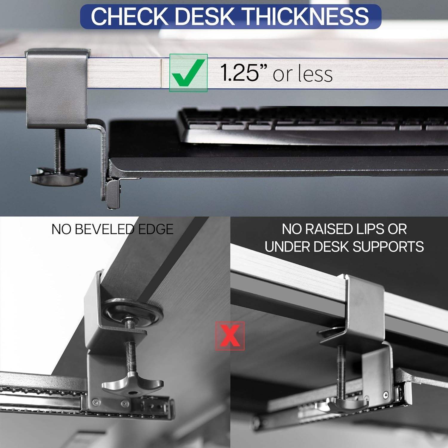 image:imageVIVO Large Keyboard Tray Under Desk Pull Out Platform with Pencil Drawer Extra Sturdy C Clamp Mount 27 33 Including Clamps x 11 inch SlideOut Tray with Storage Drawer Black MOUNTKB054DBlack