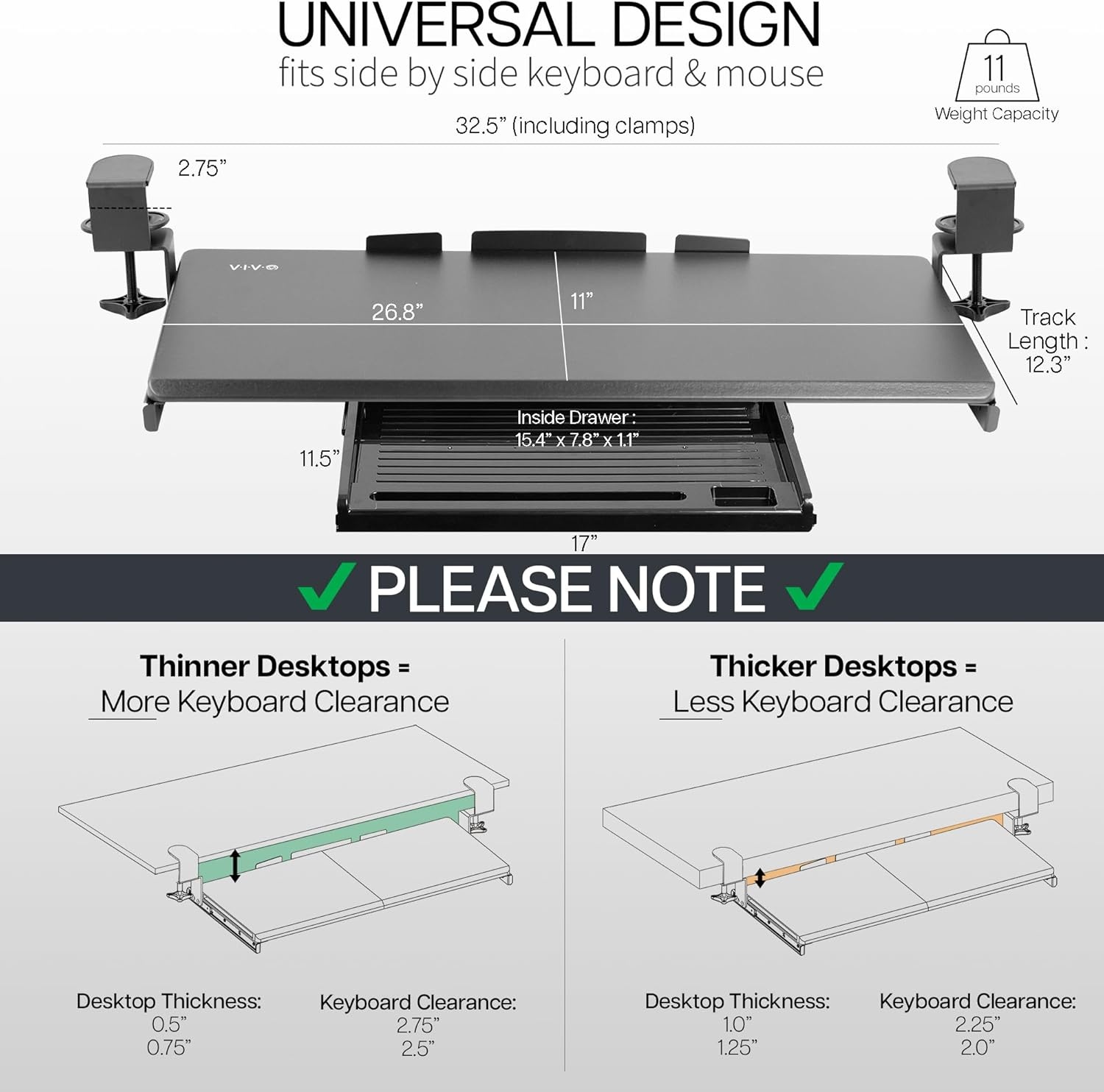 image:imageVIVO Large Keyboard Tray Under Desk Pull Out Platform with Pencil Drawer Extra Sturdy C Clamp Mount 27 33 Including Clamps x 11 inch SlideOut Tray with Storage Drawer Black MOUNTKB054DBlack