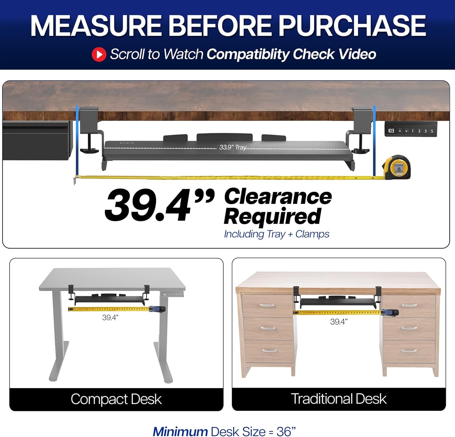 image:imageVIVO Large Keyboard Tray Under Desk Pull Out with Extra Sturdy C Clamp Mount System 27 33 Including Clamps x 11 Inch SlideOut Platform Computer Drawer for Typing Black MOUNTKB05EWhite