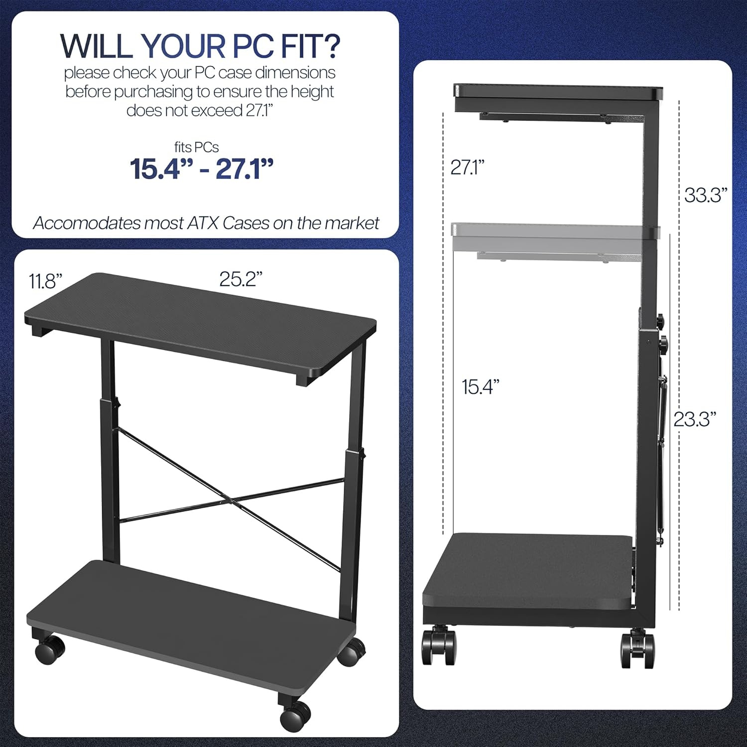 image:imageVIVO Large Mobile Adjustable 2Tier PC Stand Premium Gaming CPU Computer Tower and Mouse Storage Rolling Floor Cart Locking Caster Wheels Black CARTPC03PFull Tower Premium Cart