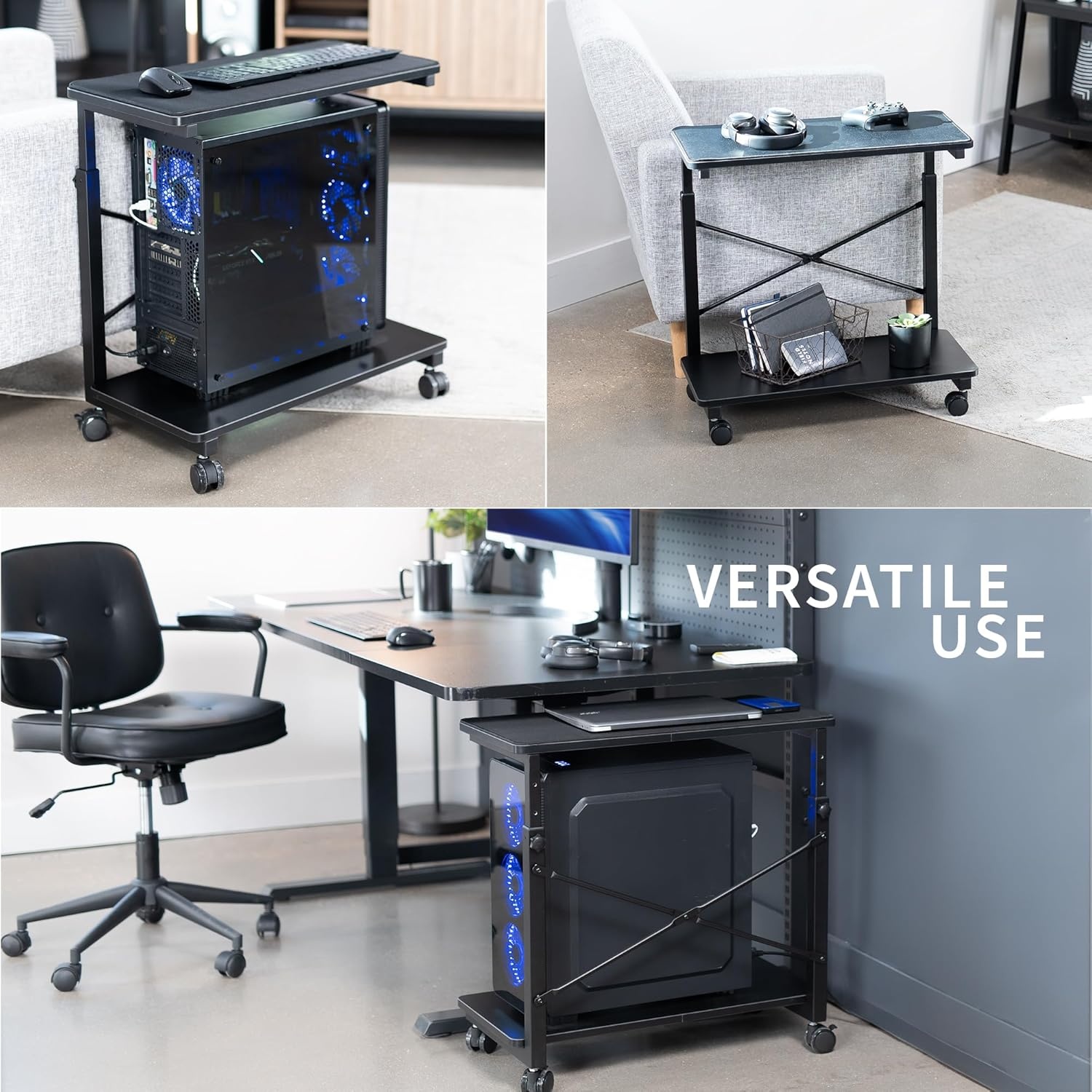image:imageVIVO Large Mobile Adjustable 2Tier PC Stand Premium Gaming CPU Computer Tower and Mouse Storage Rolling Floor Cart Locking Caster Wheels Black CARTPC03PFull Tower Premium Cart