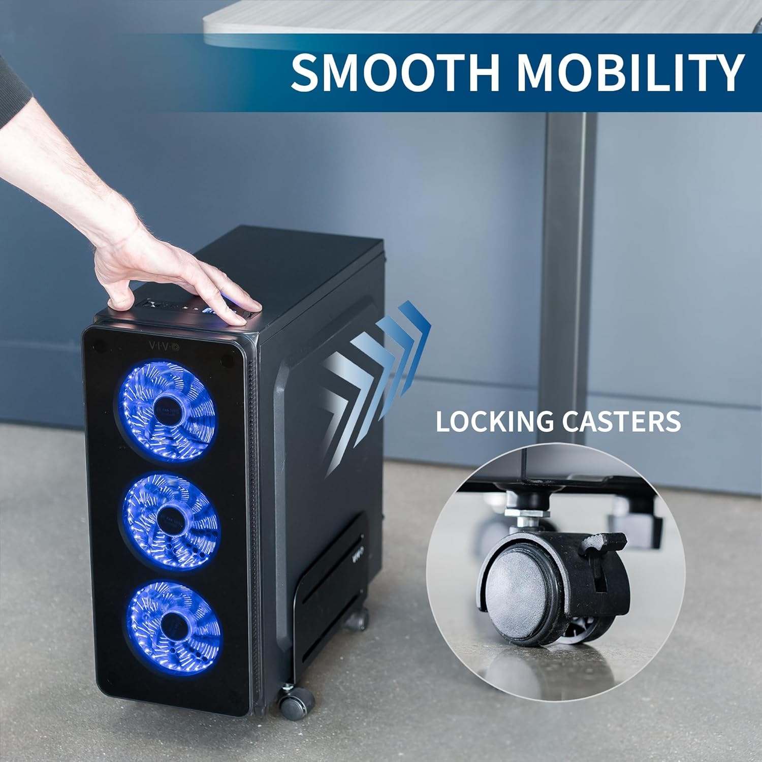 image:imageVIVO Large Mobile Adjustable 2Tier PC Stand Premium Gaming CPU Computer Tower and Mouse Storage Rolling Floor Cart Locking Caster Wheels Black CARTPC03PMid Tower Cart