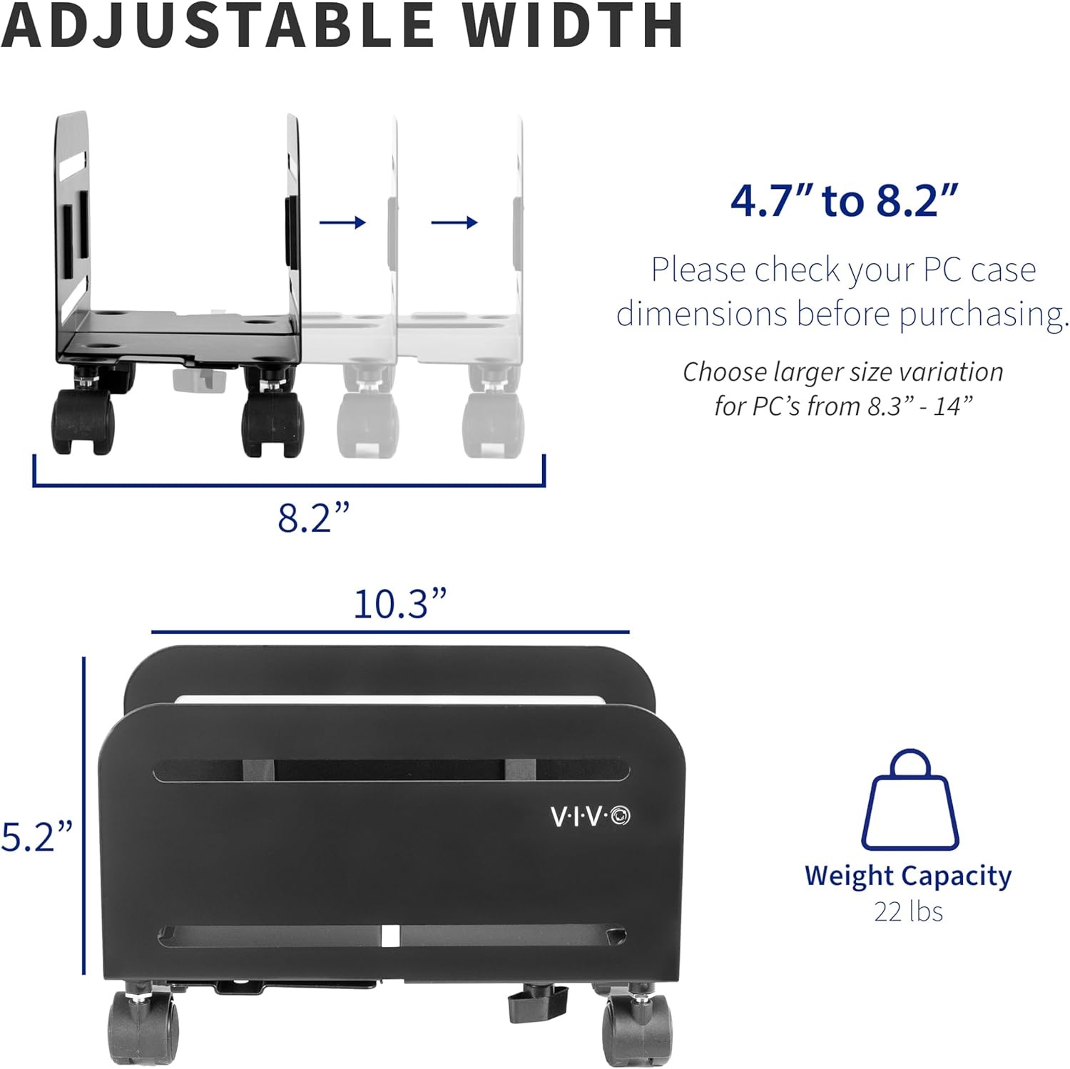 image:imageVIVO Large Mobile Adjustable 2Tier PC Stand Premium Gaming CPU Computer Tower and Mouse Storage Rolling Floor Cart Locking Caster Wheels Black CARTPC03PMid Tower Cart