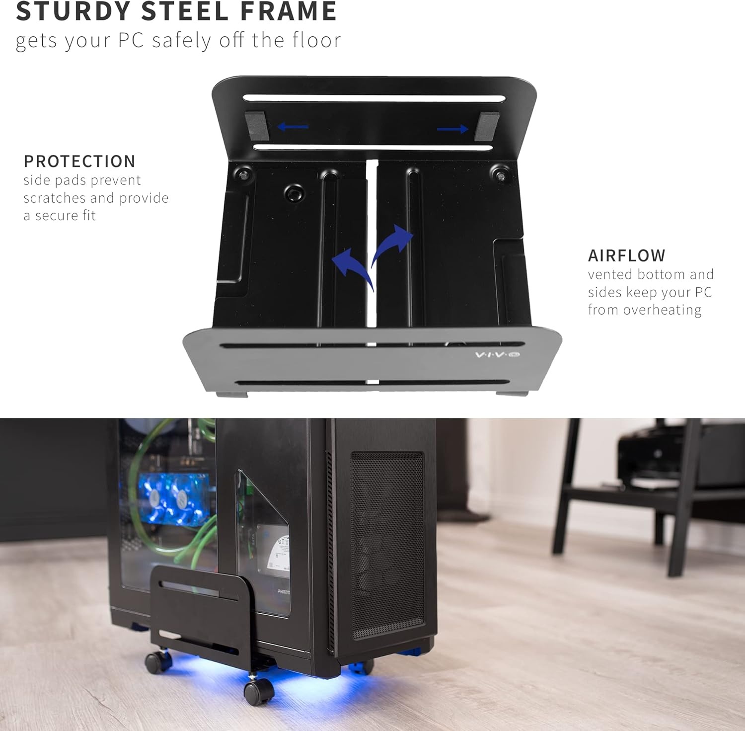 image:imageVIVO Large Mobile Adjustable 2Tier PC Stand Premium Gaming CPU Computer Tower and Mouse Storage Rolling Floor Cart Locking Caster Wheels Black CARTPC03PFull Tower Cart
