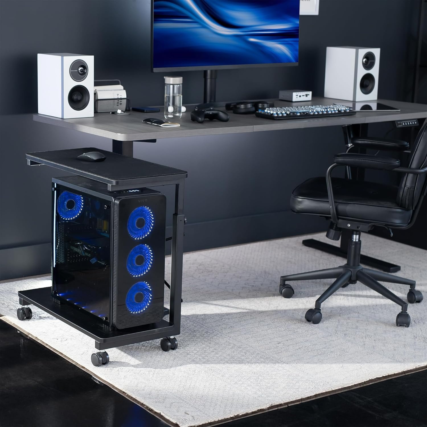image:imageVIVO Large Mobile Adjustable 2Tier PC Stand Premium Gaming CPU Computer Tower and Mouse Storage Rolling Floor Cart Locking Caster Wheels Black CARTPC03PFull Tower Premium Cart