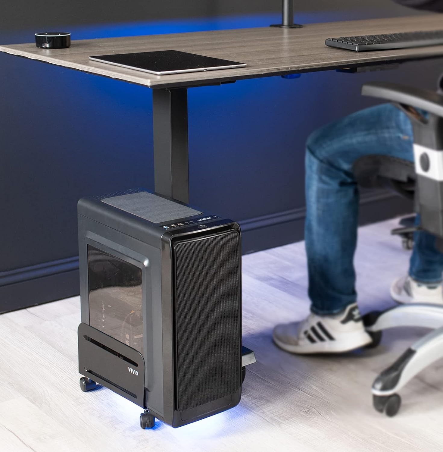 image:imageVIVO Large Mobile Adjustable 2Tier PC Stand Premium Gaming CPU Computer Tower and Mouse Storage Rolling Floor Cart Locking Caster Wheels Black CARTPC03PFull Tower Cart