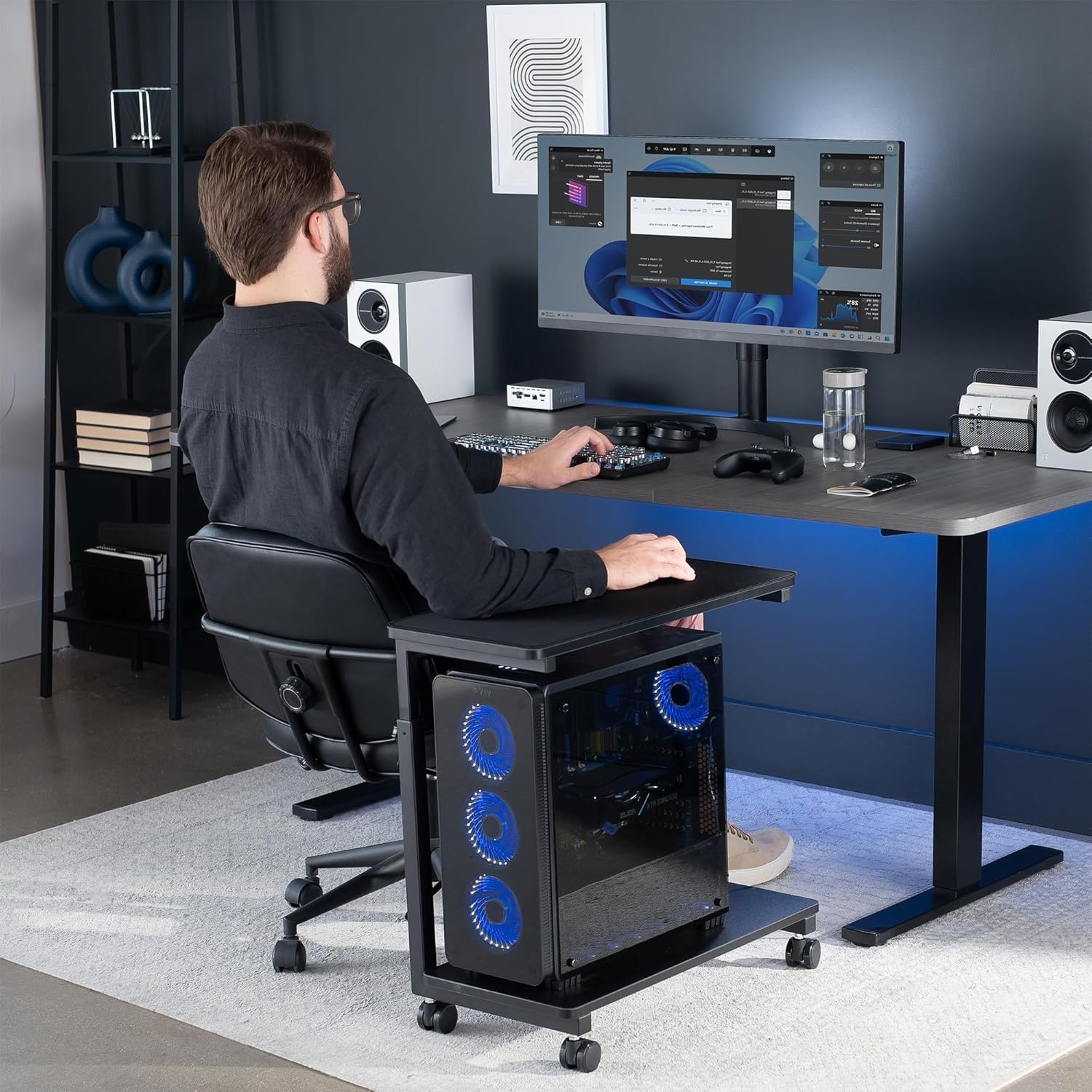 image:imageVIVO Large Mobile Adjustable 2Tier PC Stand Premium Gaming CPU Computer Tower and Mouse Storage Rolling Floor Cart Locking Caster Wheels Black CARTPC03PFull Tower Premium Cart