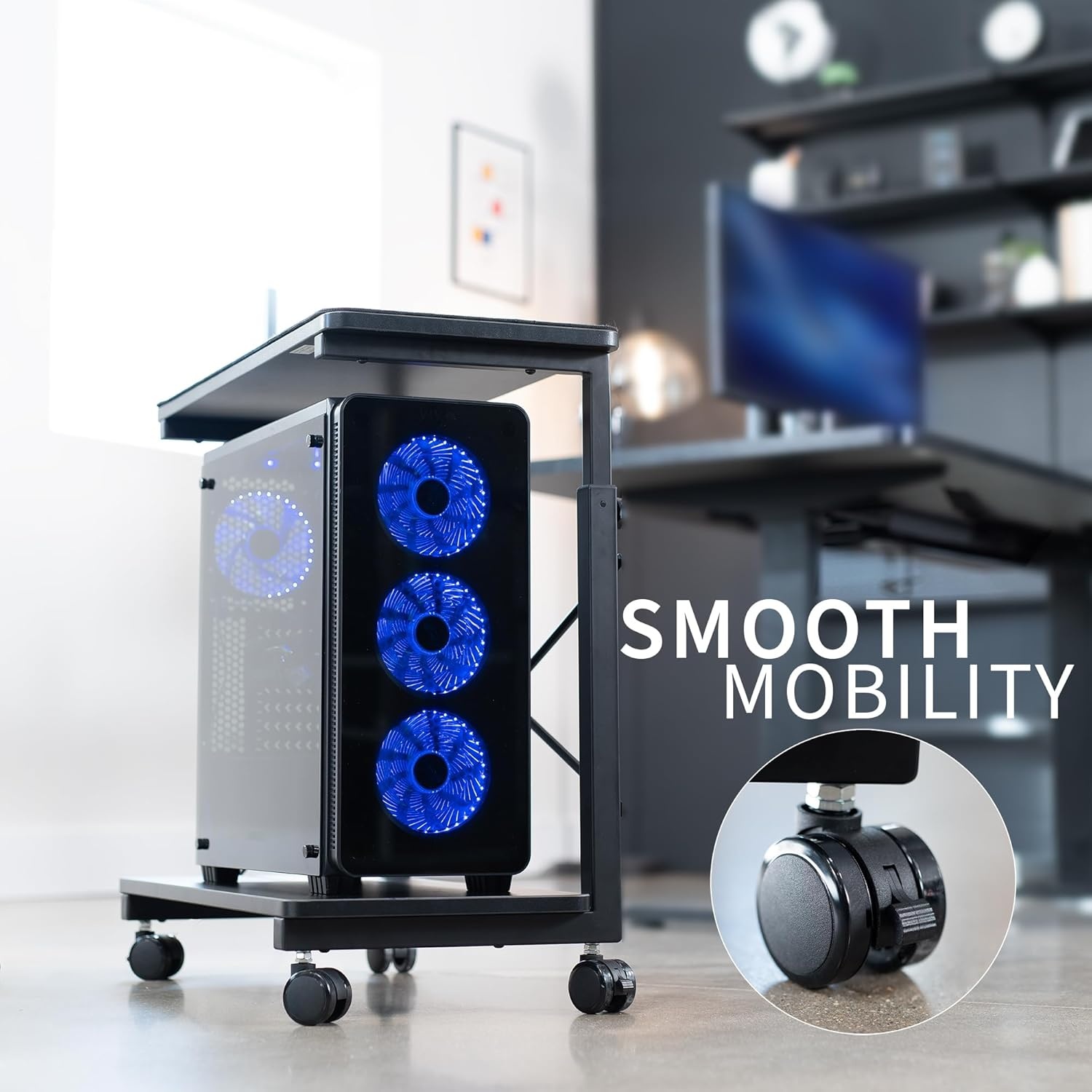 image:imageVIVO Large Mobile Adjustable 2Tier PC Stand Premium Gaming CPU Computer Tower and Mouse Storage Rolling Floor Cart Locking Caster Wheels Black CARTPC03PFull Tower Premium Cart