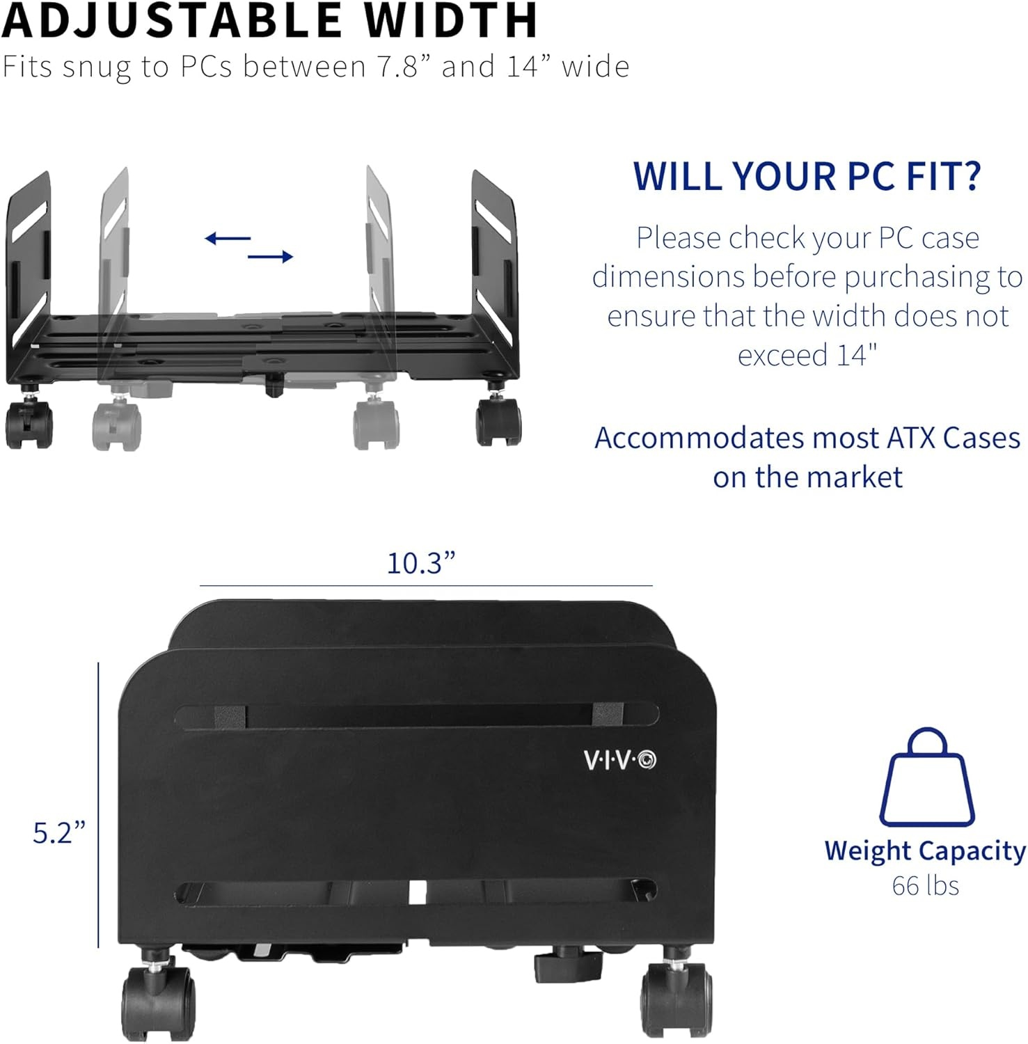 image:imageVIVO Large Mobile Adjustable 2Tier PC Stand Premium Gaming CPU Computer Tower and Mouse Storage Rolling Floor Cart Locking Caster Wheels Black CARTPC03PFull Tower Cart