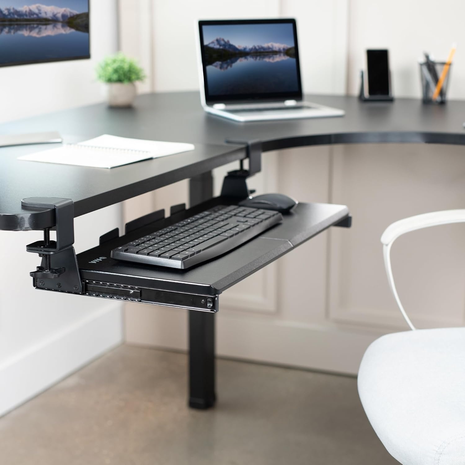 image:imageVIVO Large Pull Out Keyboard Tray for Corner Desk 27 33 Including Clamps x 11 inch SlideOut Platform Computer Drawer 90Degree Swivel CClamps for LShaped Workstation Black MOUNTKB10C
