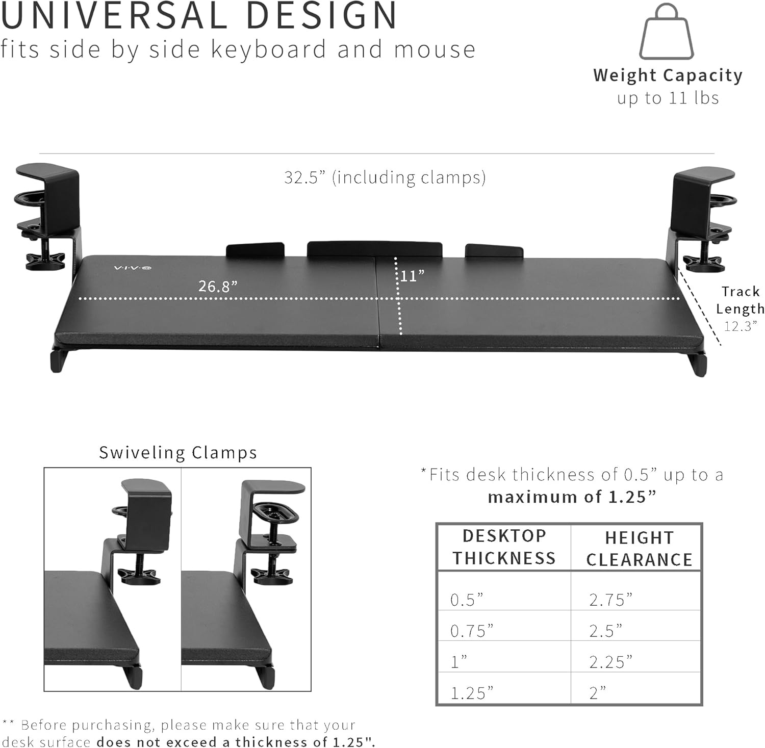 image:imageVIVO Large Pull Out Keyboard Tray for Corner Desk 27 33 Including Clamps x 11 inch SlideOut Platform Computer Drawer 90Degree Swivel CClamps for LShaped Workstation Black MOUNTKB10C