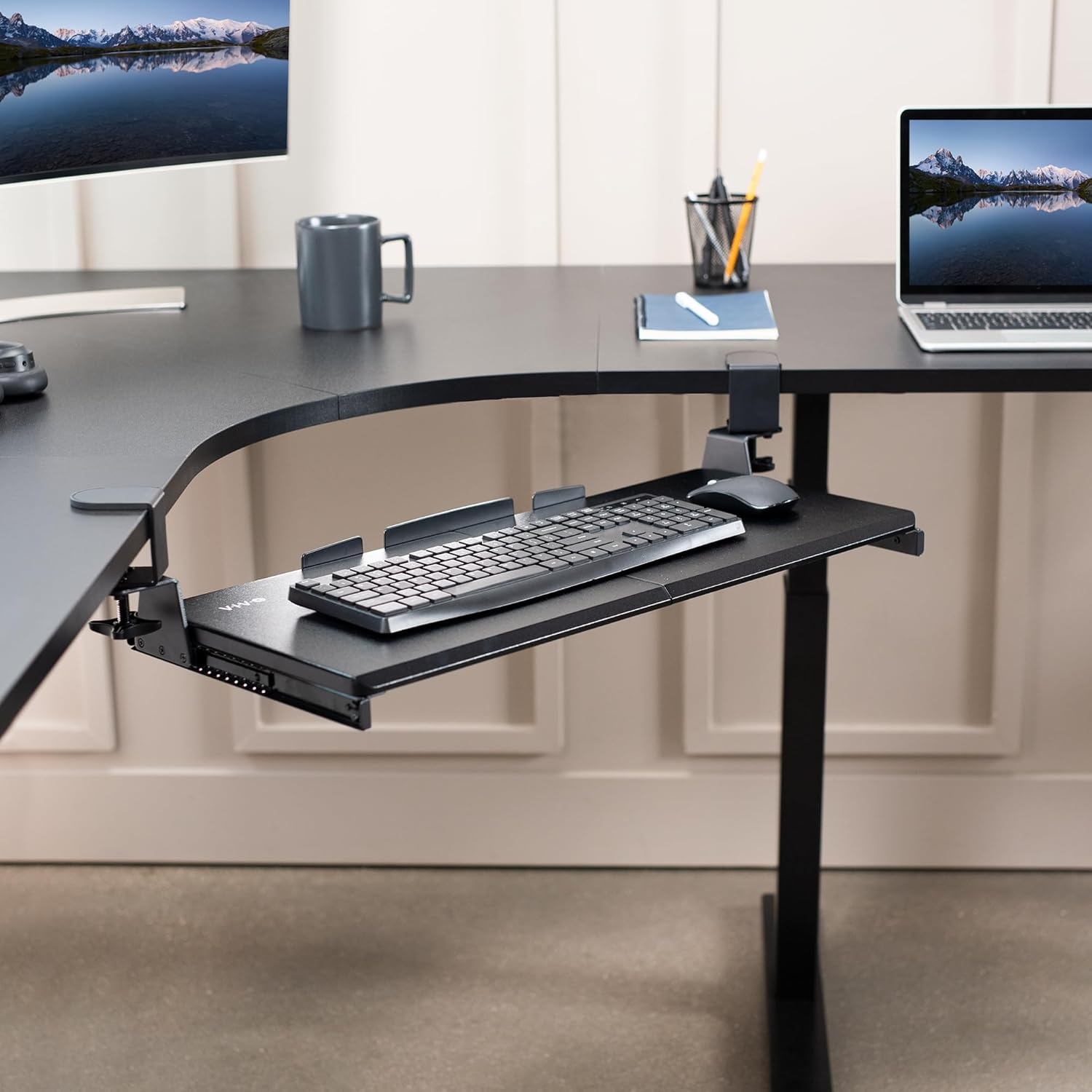 image:imageVIVO Large Pull Out Keyboard Tray for Corner Desk 27 33 Including Clamps x 11 inch SlideOut Platform Computer Drawer 90Degree Swivel CClamps for LShaped Workstation Black MOUNTKB10C