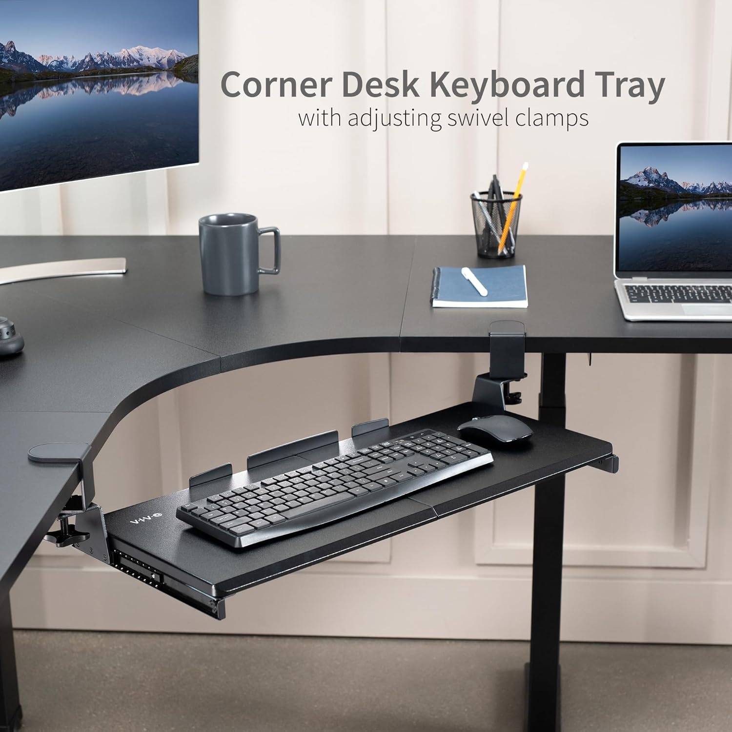 image:imageVIVO Large Pull Out Keyboard Tray for Corner Desk 27 33 Including Clamps x 11 inch SlideOut Platform Computer Drawer 90Degree Swivel CClamps for LShaped Workstation Black MOUNTKB10C