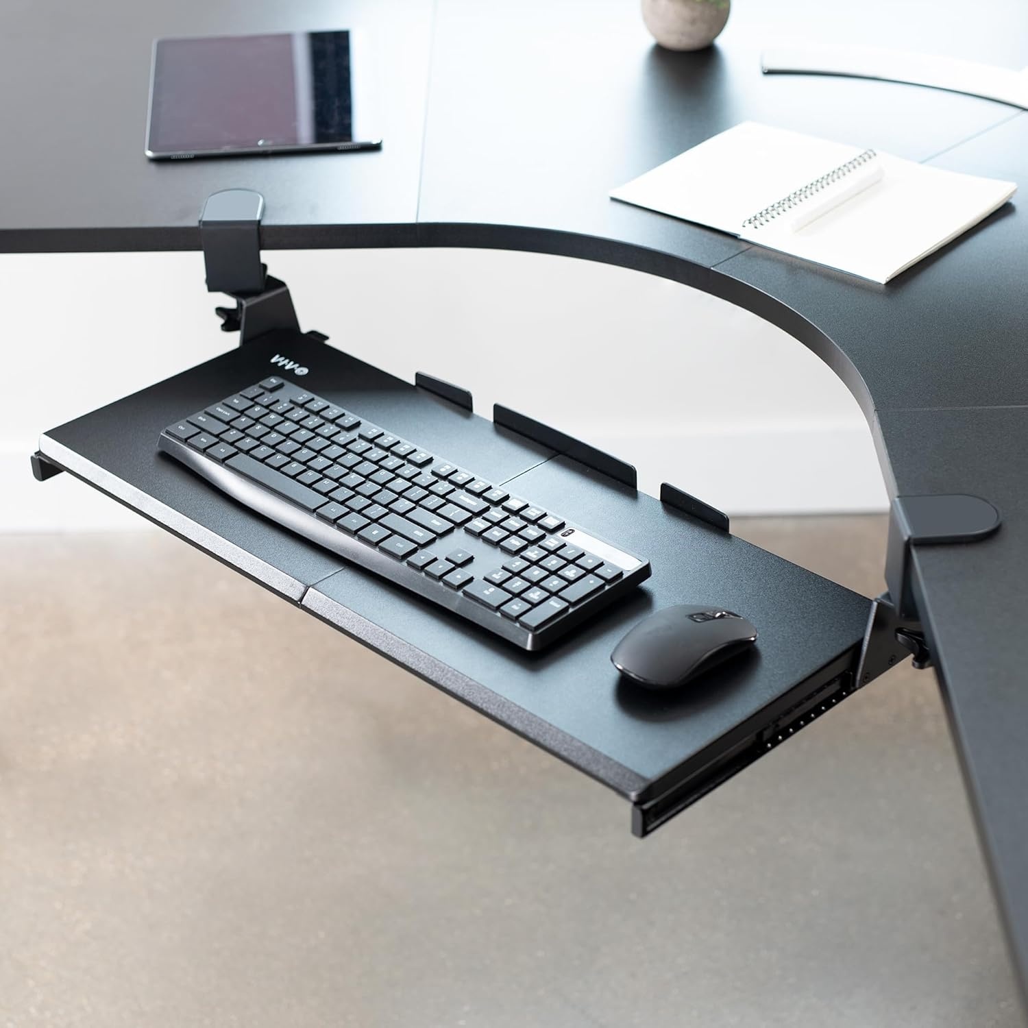 image:imageVIVO Large Pull Out Keyboard Tray for Corner Desk 27 33 Including Clamps x 11 inch SlideOut Platform Computer Drawer 90Degree Swivel CClamps for LShaped Workstation Black MOUNTKB10C