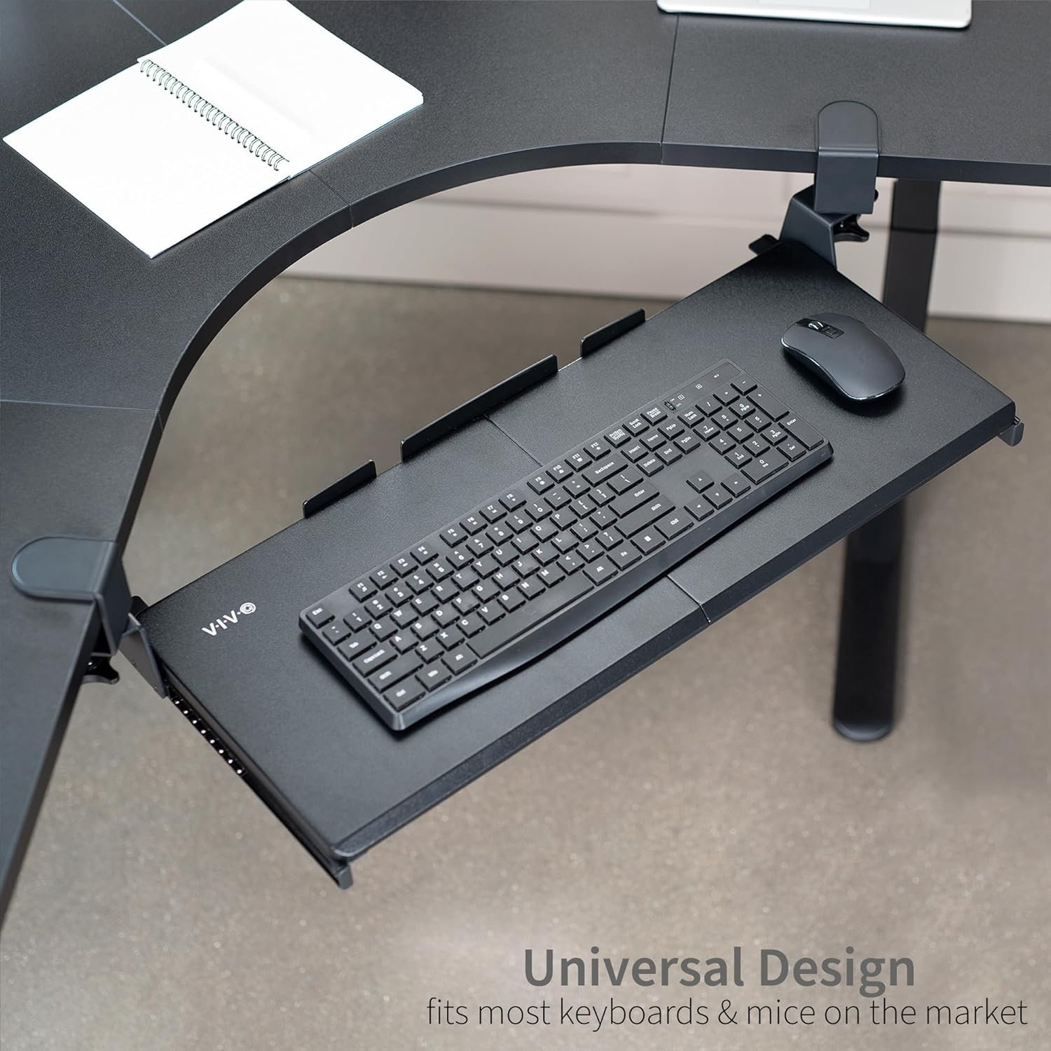 image:imageVIVO Large Pull Out Keyboard Tray for Corner Desk 27 33 Including Clamps x 11 inch SlideOut Platform Computer Drawer 90Degree Swivel CClamps for LShaped Workstation Black MOUNTKB10C