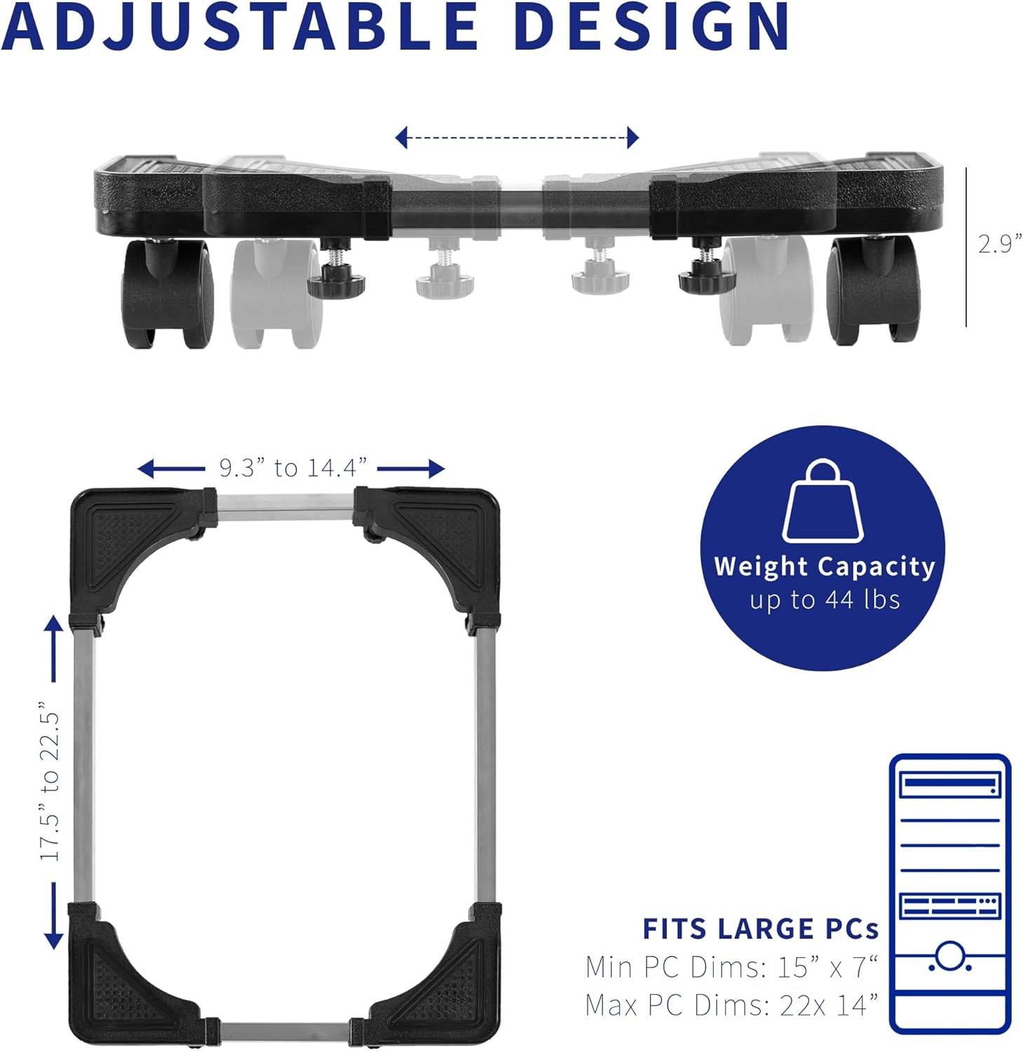 image:imageVIVO Large Steel PC Cart Rolling CPU Trolley Adjustable Mobile Computer Stand Holder with Locking Caster Wheels Fits Most Gaming PCs up to 22 x 14 inches Under Desk Black CARTPC03L