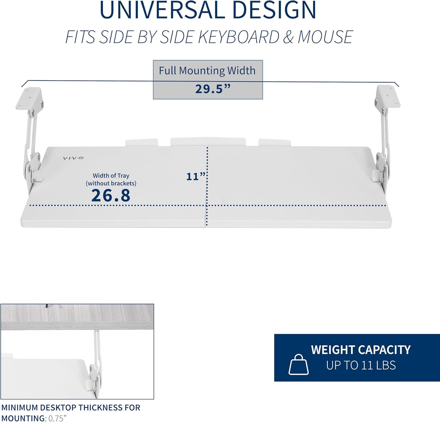 image:imageVIVO Large Under Desk 27 x 11 inch Computer Keyboard and Mouse Tray with Swinging Height Adjustment 12 Settings Platform Drawer for Typing Black MOUNTKB08SWhite