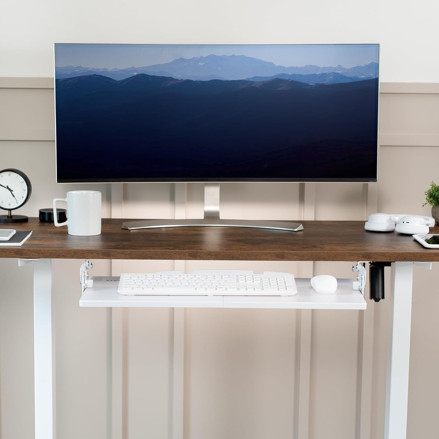 image:imageVIVO Large Under Desk 27 x 11 inch Computer Keyboard and Mouse Tray with Swinging Height Adjustment 12 Settings Platform Drawer for Typing Black MOUNTKB08SWhite