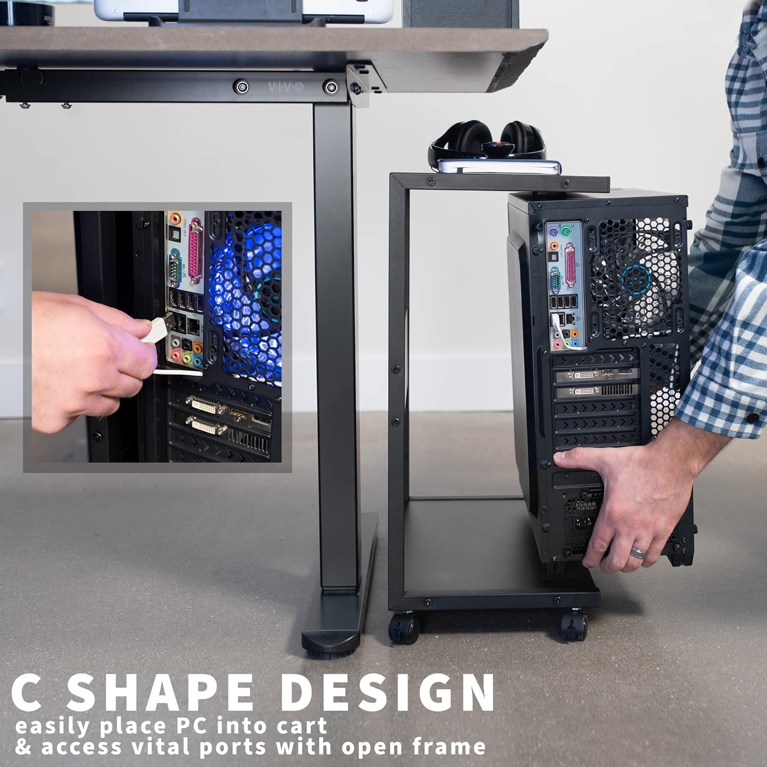 image:imageVIVO Mobile PC Cart with Storage 2Tier Shelf CPU Holder Fits Oversized Gaming PCs Printers Gaming Systems and More Computer Tower Floor Stand with Wheels Black CARTPC03