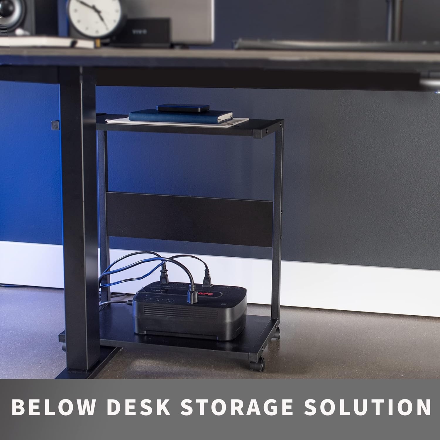 image:imageVIVO Mobile PC Cart with Storage 2Tier Shelf CPU Holder Fits Oversized Gaming PCs Printers Gaming Systems and More Computer Tower Floor Stand with Wheels Black CARTPC03