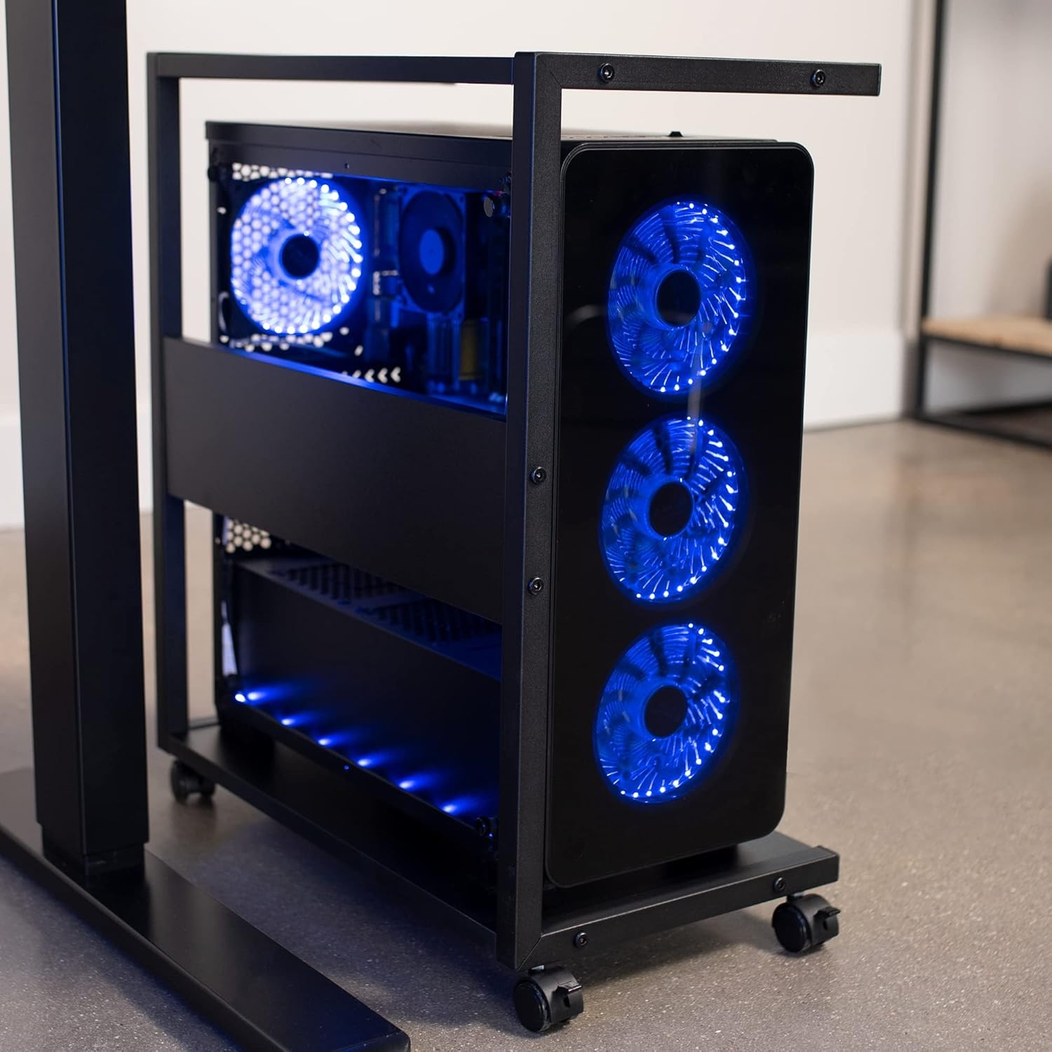 image:imageVIVO Mobile PC Cart with Storage 2Tier Shelf CPU Holder Fits Oversized Gaming PCs Printers Gaming Systems and More Computer Tower Floor Stand with Wheels Black CARTPC03