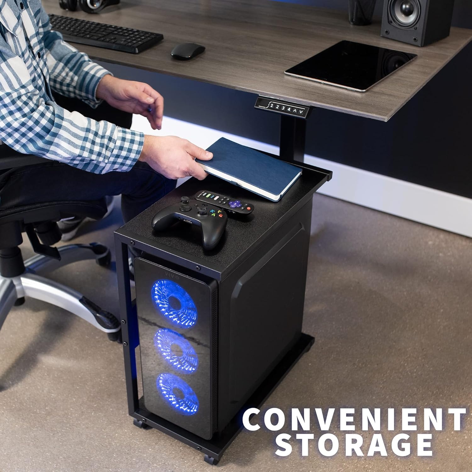 image:imageVIVO Mobile PC Cart with Storage 2Tier Shelf CPU Holder Fits Oversized Gaming PCs Printers Gaming Systems and More Computer Tower Floor Stand with Wheels Black CARTPC03