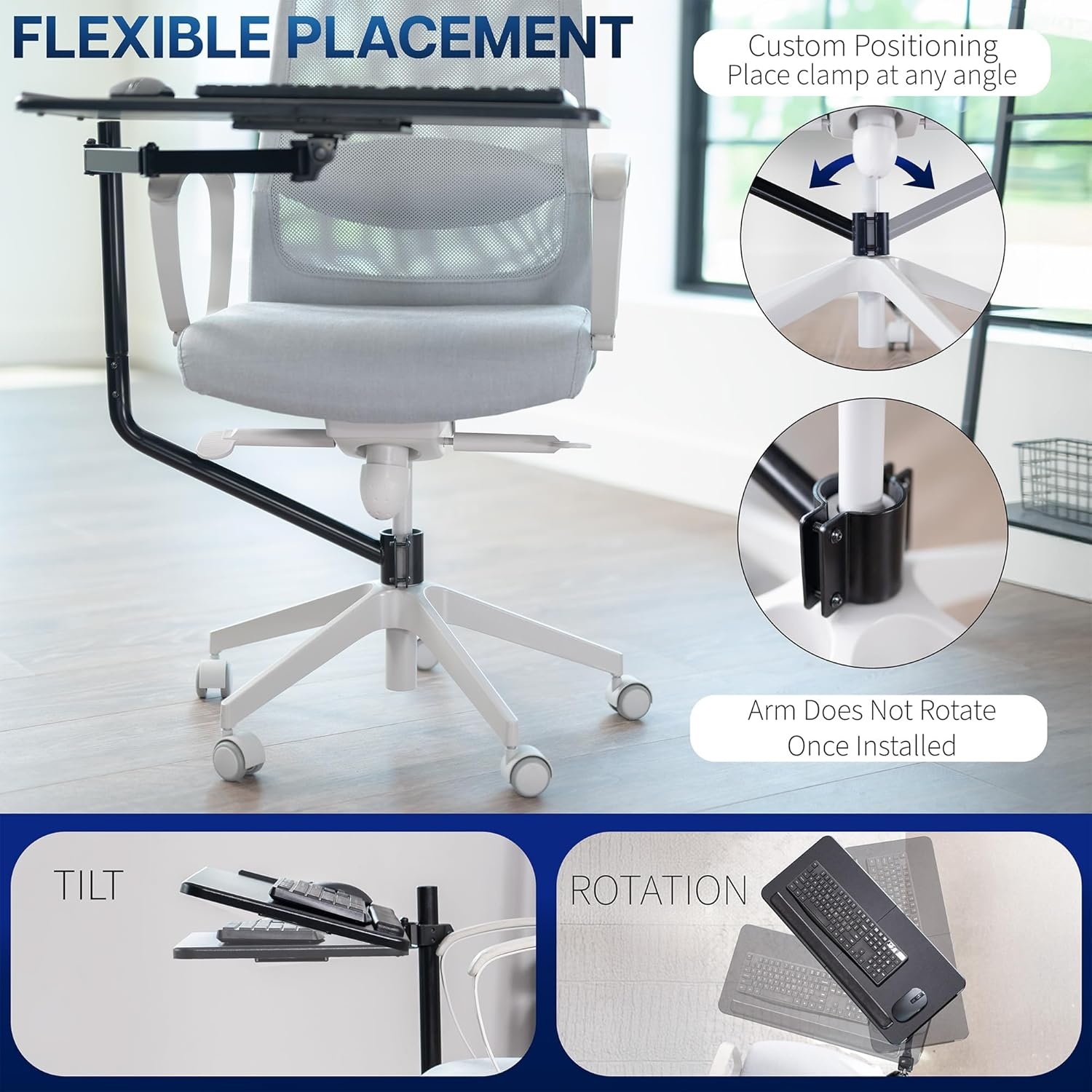 image:imageVIVO Office Chair Mounted 26 x 12 Inch Keyboard and Mouse Tray Ergonomic Tilt Full Motion 360 Degree Rotation Black MOUNTKB08C