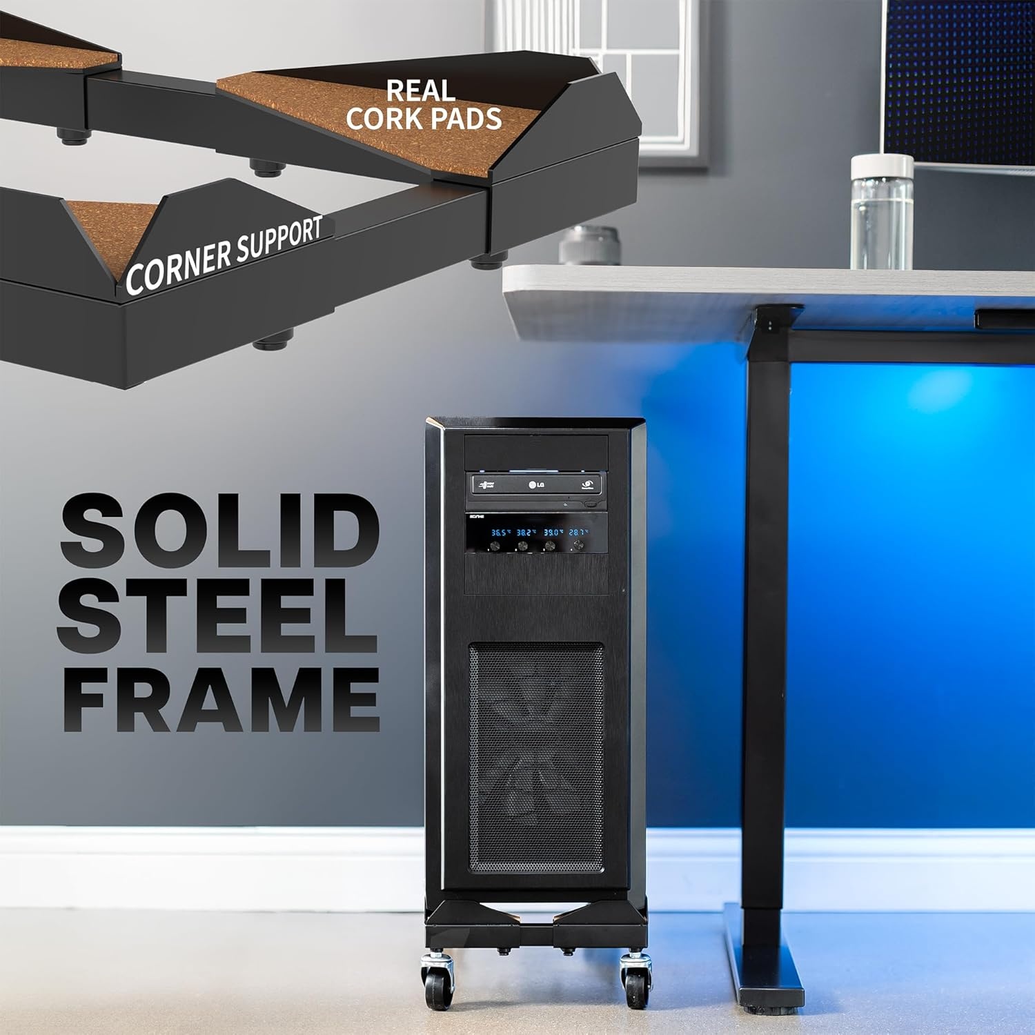 image:imageVIVO Premium Large Steel PC Cart Rolling CPU Trolley Adjustable Mobile Computer Stand Holder with Locking Wheels Fits Most Gaming PCs up to 25 x 12 inches Under Desk Black CARTPC03D