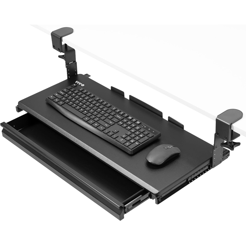 image:imageVIVO Large Height Adjustable Clampon Keyboard Tray Extra Sturdy Pull Out Platform with Storage Drawer 27 33 Including Clamps x 11 inch SlideOut Tray with Organizer Black MOUNTKB05HBDR