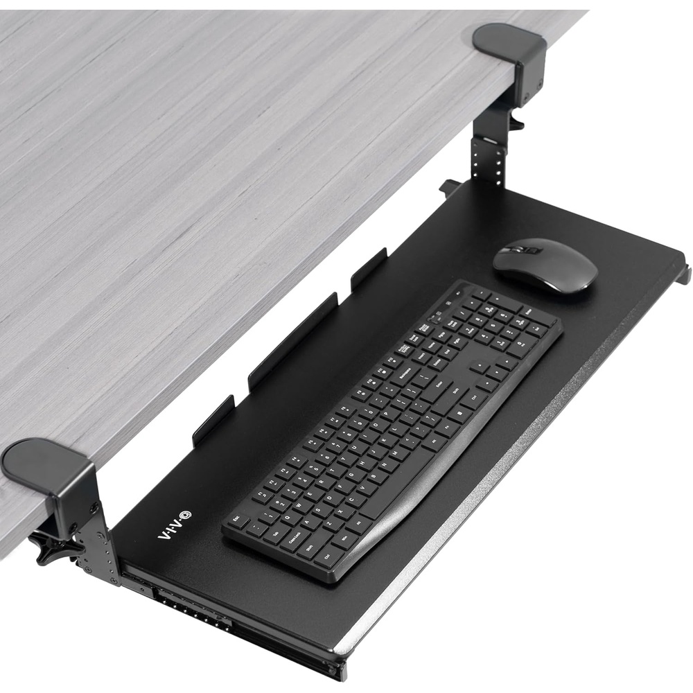 image:imageVIVO Large Height Adjustable Under Desk Keyboard Tray Cclamp Mount System 2733 Including Clamps x 11 inch SlideOut Platform for Typing Black MOUNTKB05HBBlack