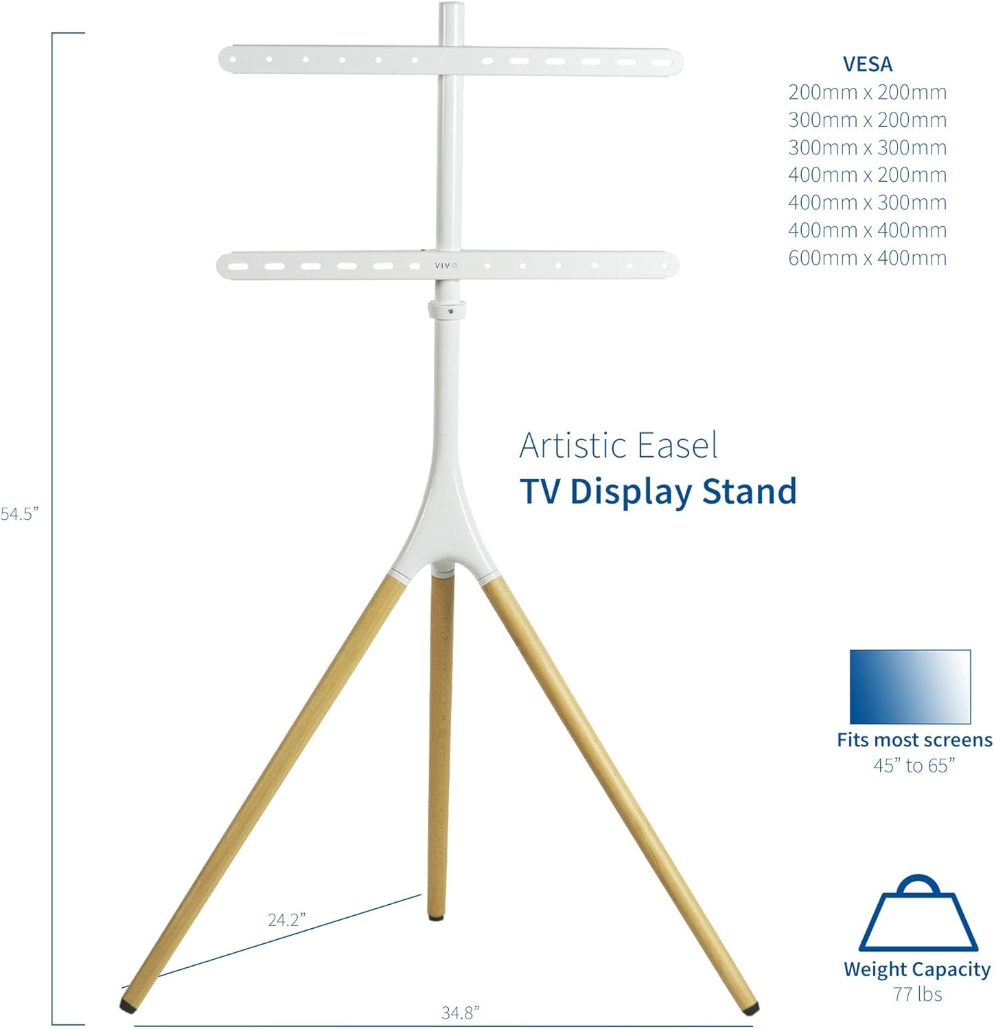 image:imageVIVO Artistic Easel 45 to 65 inch LED LCD Screen Studio TV Display Stand Adjustable TV Mount with Swivel and Tripod Base Black Bracket Dark Walnut Legs STANDTV65AWhite Wood