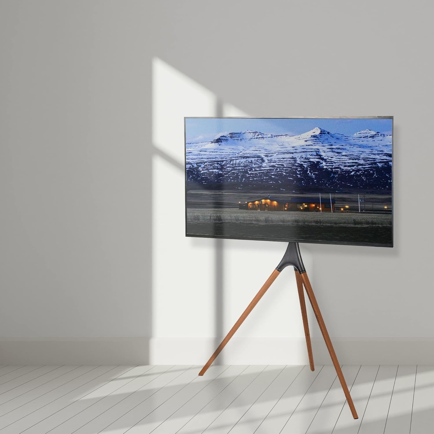 image:imageVIVO Artistic Easel 45 to 65 inch LED LCD Screen Studio TV Display Stand Adjustable TV Mount with Swivel and Tripod Base Black Bracket Dark Walnut Legs STANDTV65ABlack Treated Wood