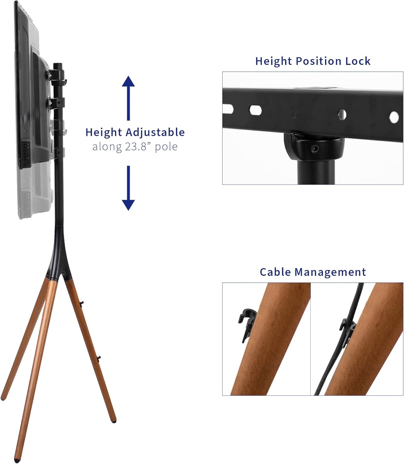 image:imageVIVO Artistic Easel 45 to 65 inch LED LCD Screen Studio TV Display Stand Adjustable TV Mount with Swivel and Tripod Base Black Bracket Dark Walnut Legs STANDTV65ABlack Treated Wood