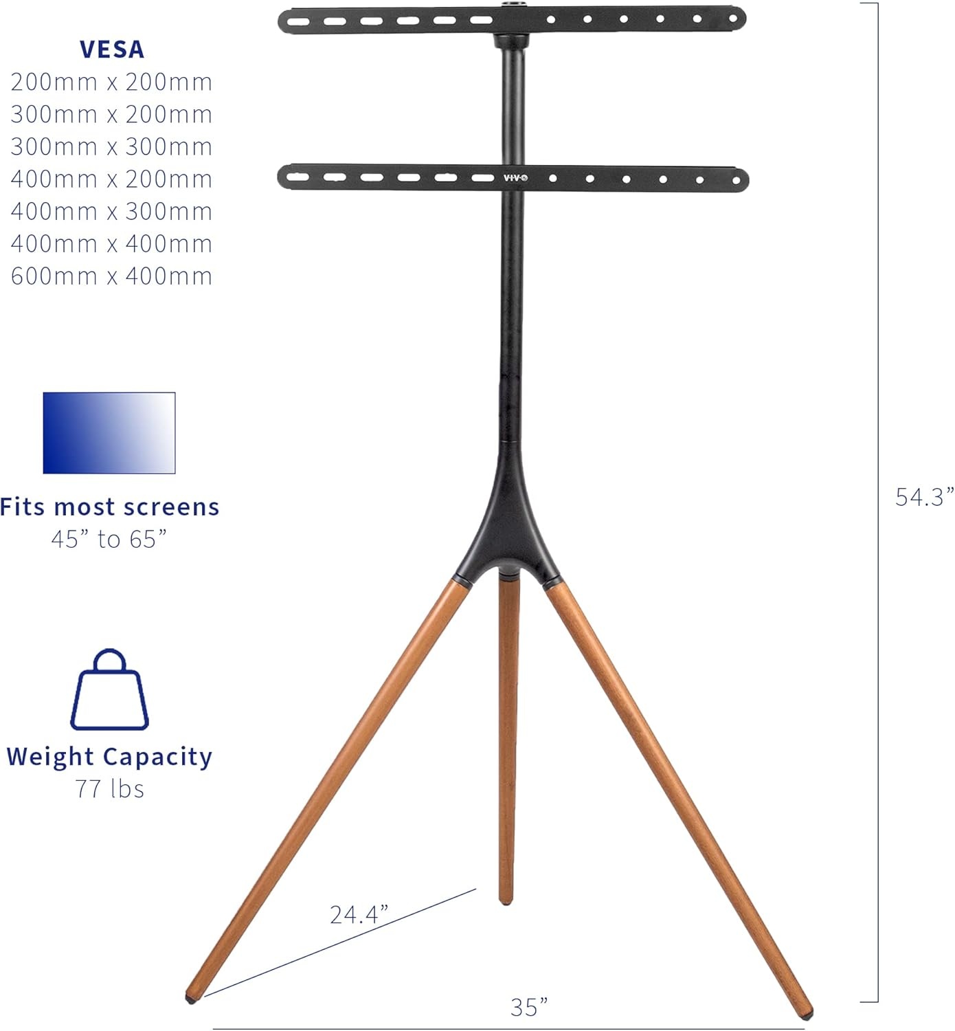 image:imageVIVO Artistic Easel 45 to 65 inch LED LCD Screen Studio TV Display Stand Adjustable TV Mount with Swivel and Tripod Base Black Bracket Dark Walnut Legs STANDTV65ABlack Treated Wood