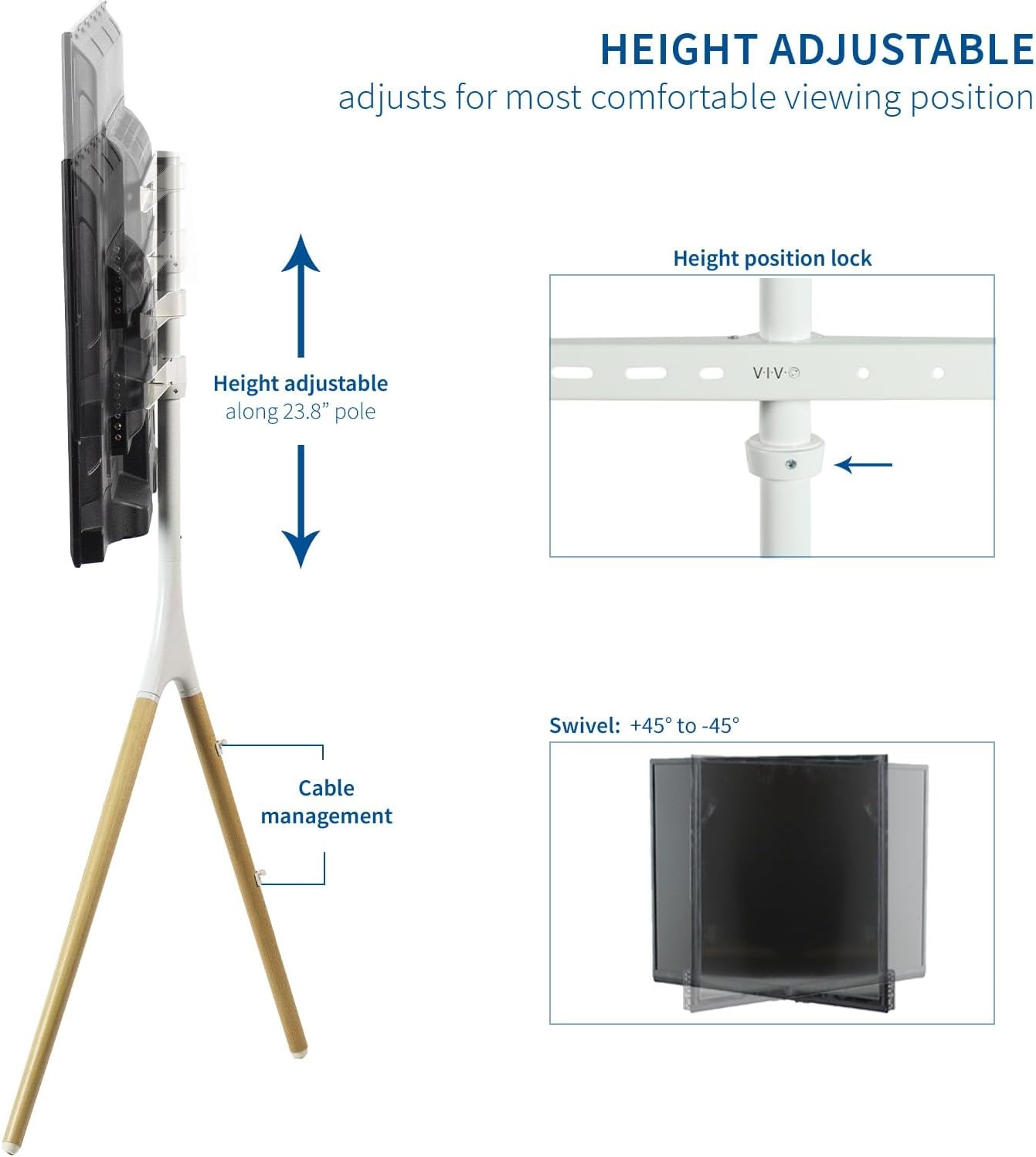 image:imageVIVO Artistic Easel 45 to 65 inch LED LCD Screen Studio TV Display Stand Adjustable TV Mount with Swivel and Tripod Base Black Bracket Dark Walnut Legs STANDTV65AWhite Wood