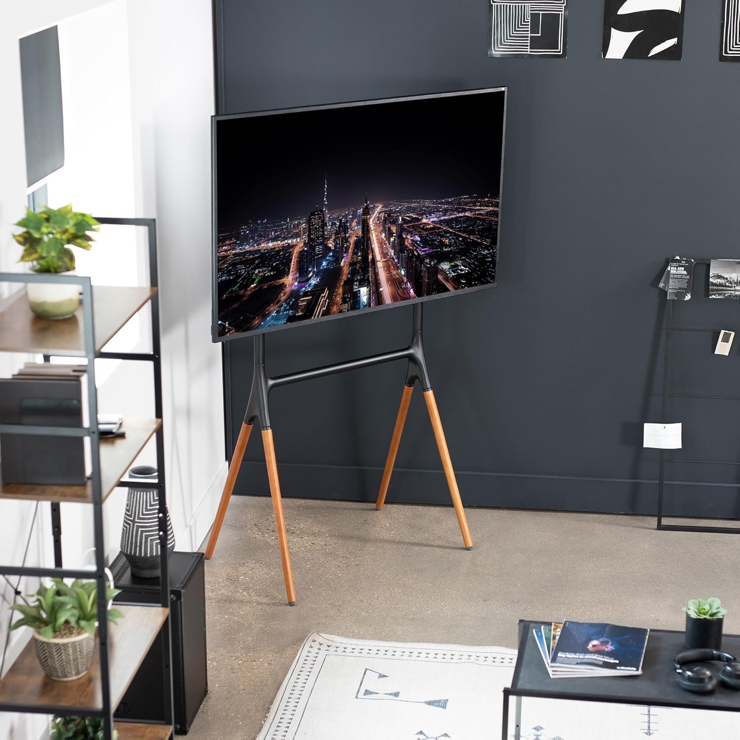 image:imageVIVO Artistic Easel 45 to 65 inch LED LCD Screen Studio TV Display Stand Adjustable TV Mount with Swivel and Tripod Base Black Bracket Dark Walnut Legs STANDTV65ABlack Treated Wood