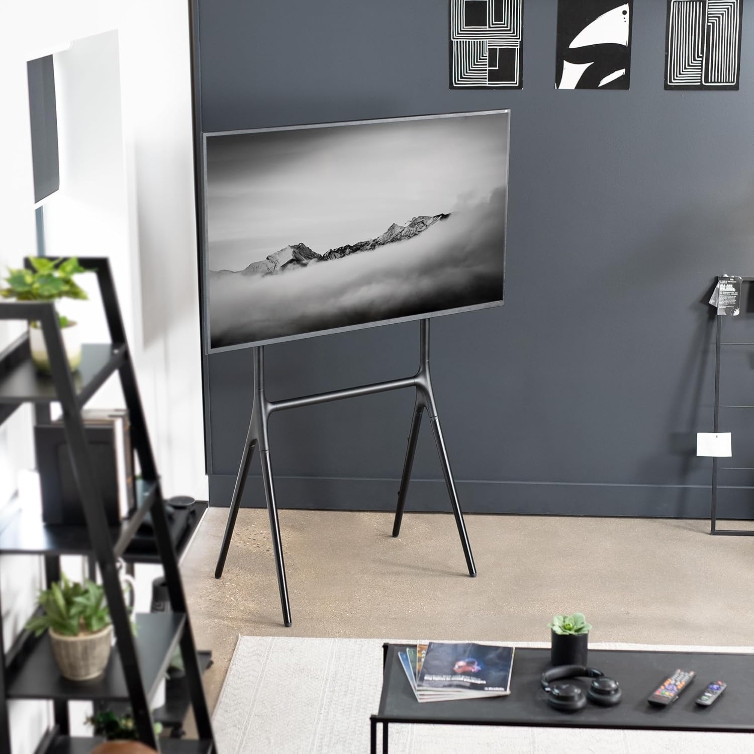 image:imageVIVO Artistic Easel 45 to 65 inch LED LCD Screen Studio TV Display Stand Adjustable TV Mount with Swivel and Tripod Base Black Bracket Dark Walnut Legs STANDTV65ABlack Black