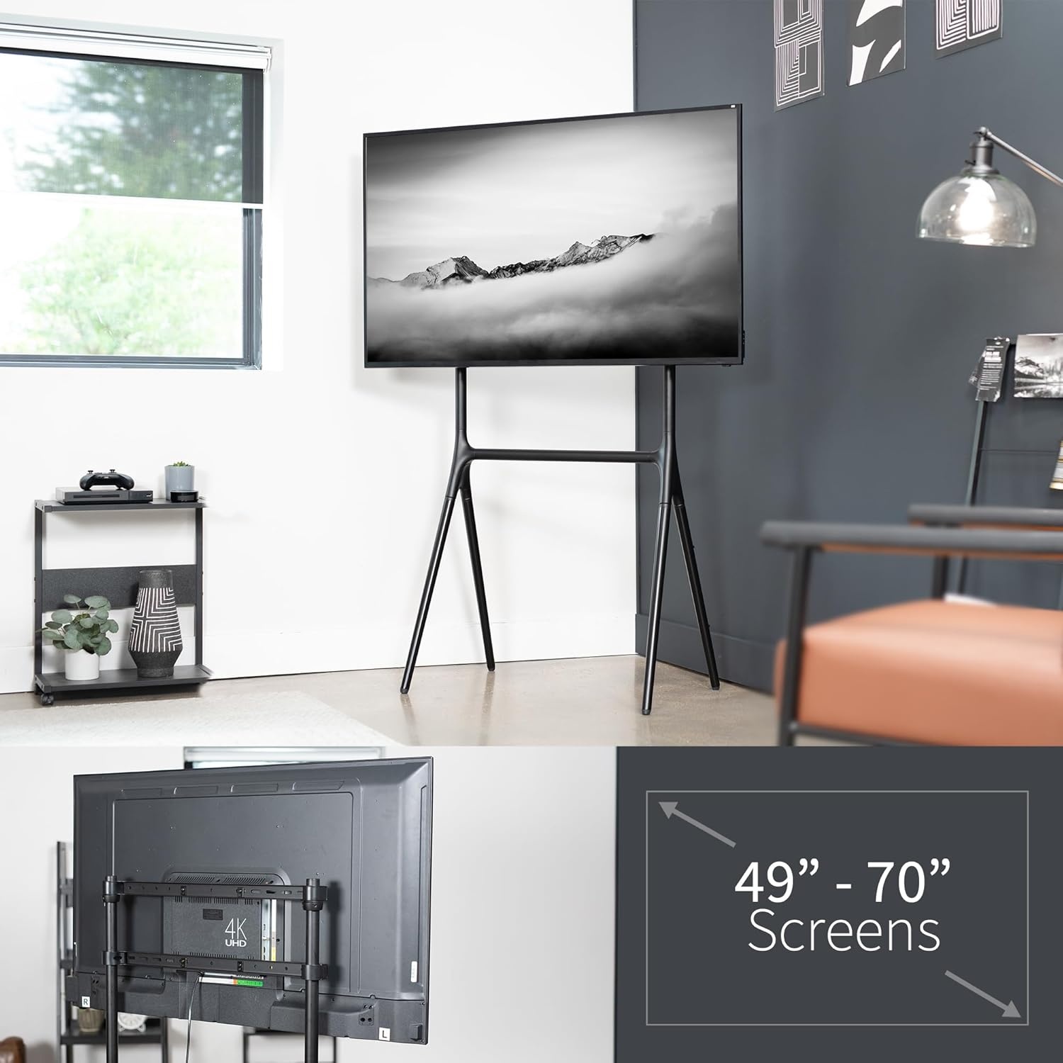 image:imageVIVO Artistic Easel 45 to 65 inch LED LCD Screen Studio TV Display Stand Adjustable TV Mount with Swivel and Tripod Base Black Bracket Dark Walnut Legs STANDTV65ABlack Black