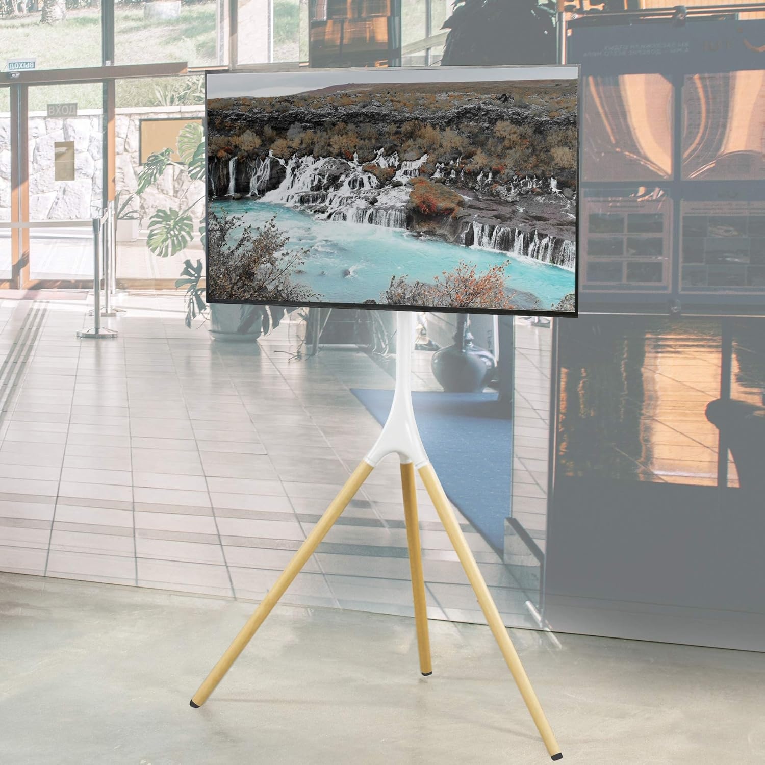 image:imageVIVO Artistic Easel 45 to 65 inch LED LCD Screen Studio TV Display Stand Adjustable TV Mount with Swivel and Tripod Base Black Bracket Dark Walnut Legs STANDTV65AWhite Wood