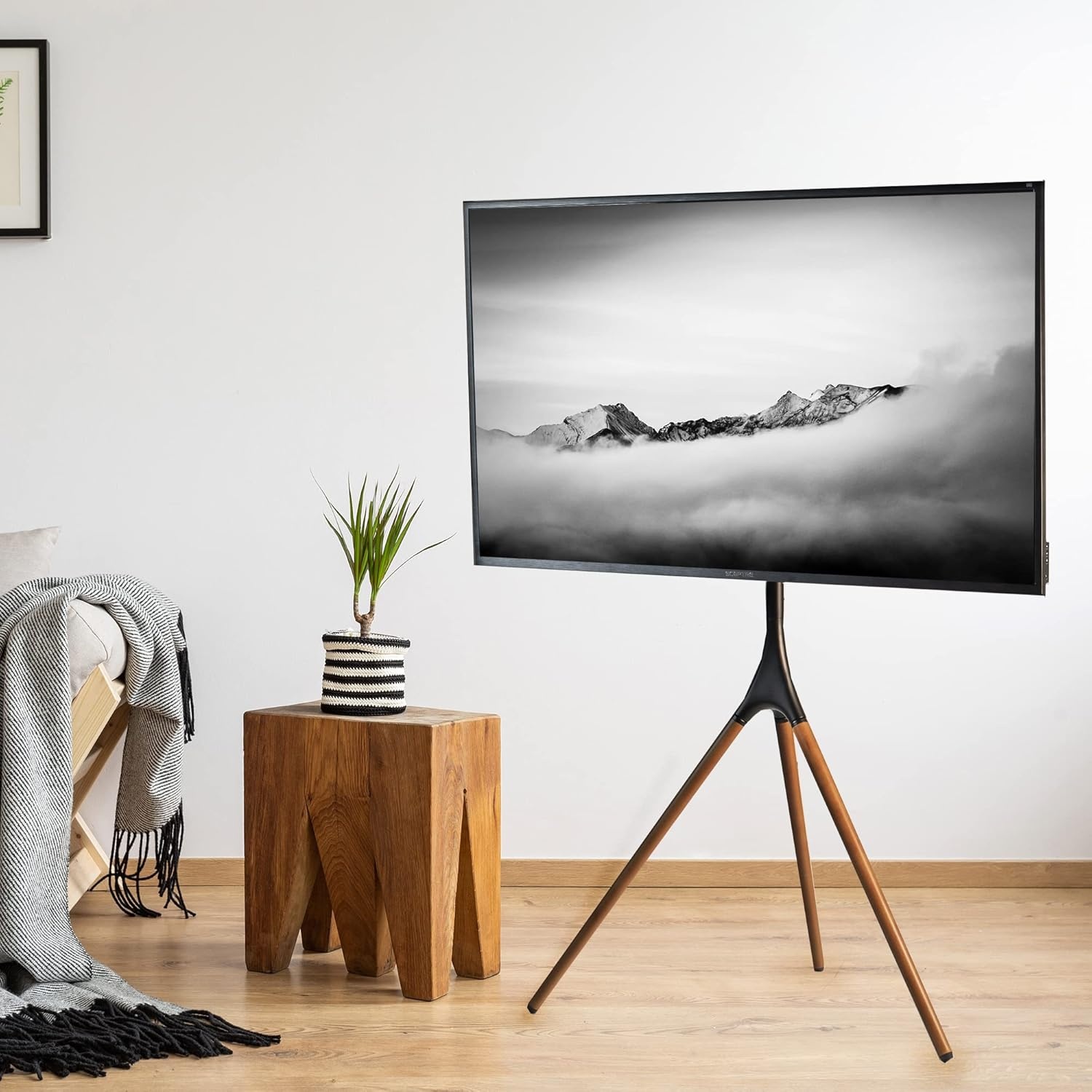 image:imageVIVO Artistic Easel 45 to 65 inch LED LCD Screen Studio TV Display Stand Adjustable TV Mount with Swivel and Tripod Base Black Bracket Dark Walnut Legs STANDTV65ABlack Treated Wood