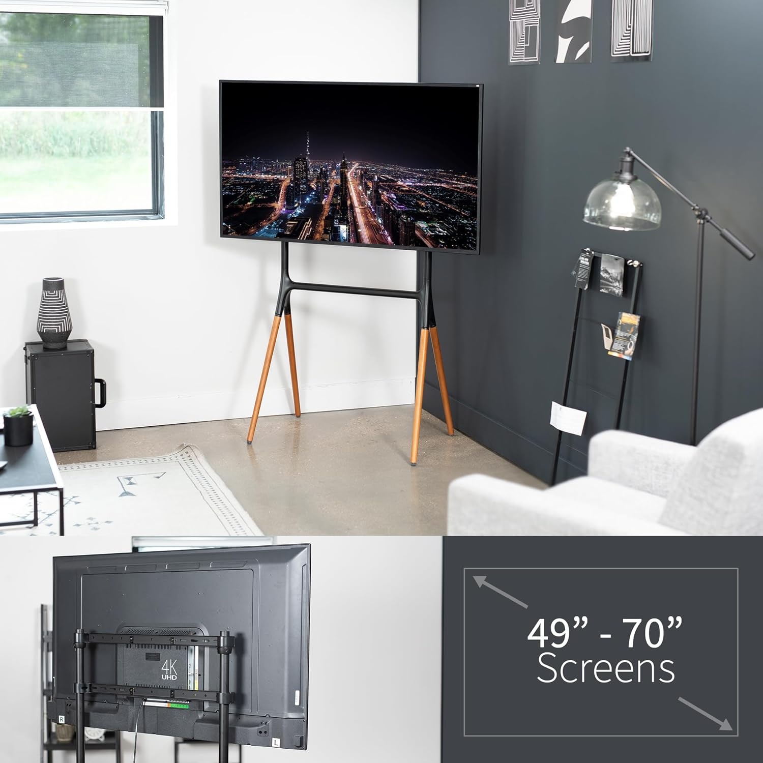 image:imageVIVO Artistic Easel 45 to 65 inch LED LCD Screen Studio TV Display Stand Adjustable TV Mount with Swivel and Tripod Base Black Bracket Dark Walnut Legs STANDTV65ABlack Treated Wood
