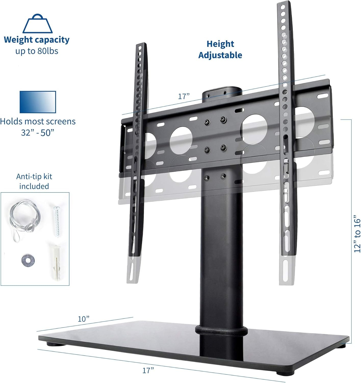 image:imageVIVO Black Universal TV Stand for 32 to 50 inch LCD LED Flat Screens Tabletop VESA Mount with Tempered Glass Base and Cable Management STANDTV00J