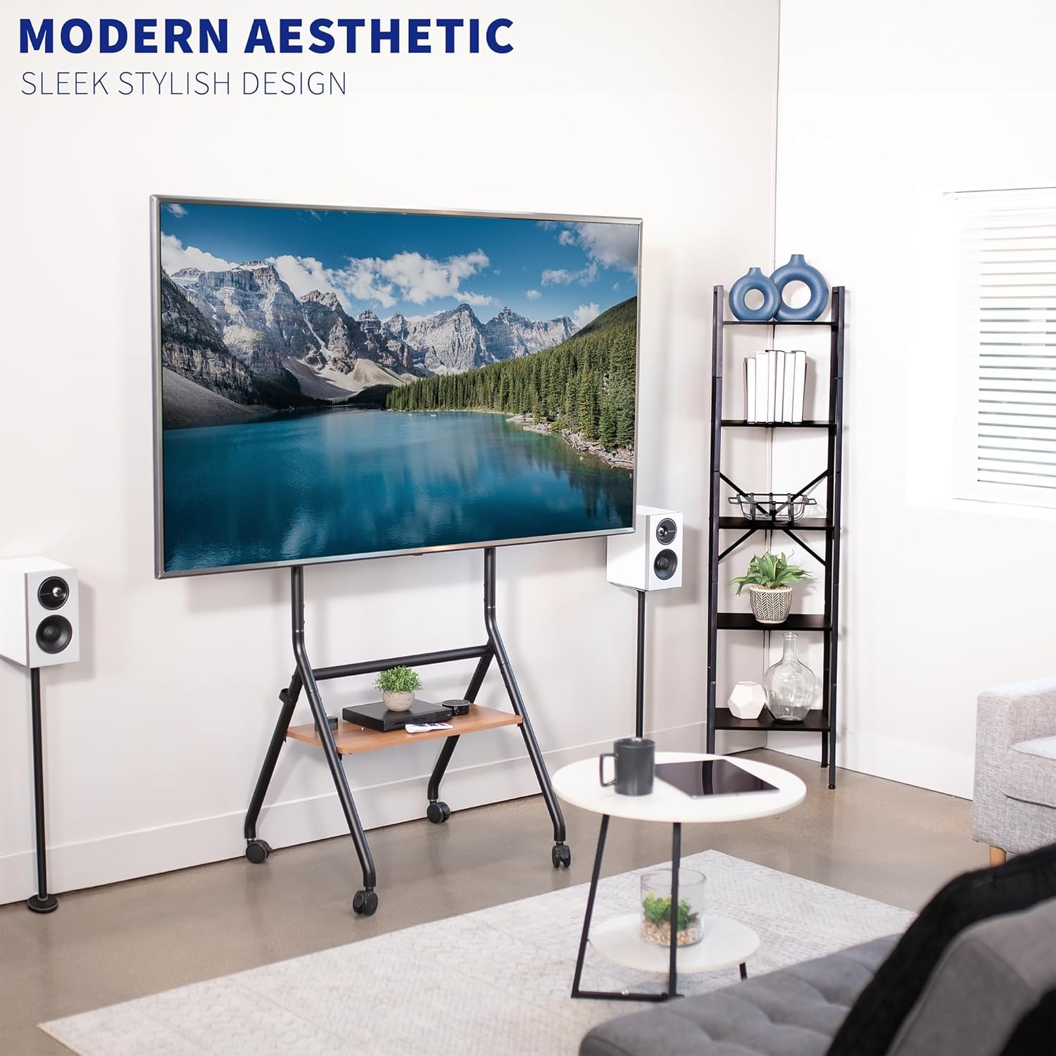 image:imageVIVO Rolling 37 to 86 inch Height Adjustable TV Floor Stand with Shelf Max VESA 600x400mm Dark Wood Shelf Black Frame STANDTV86RD