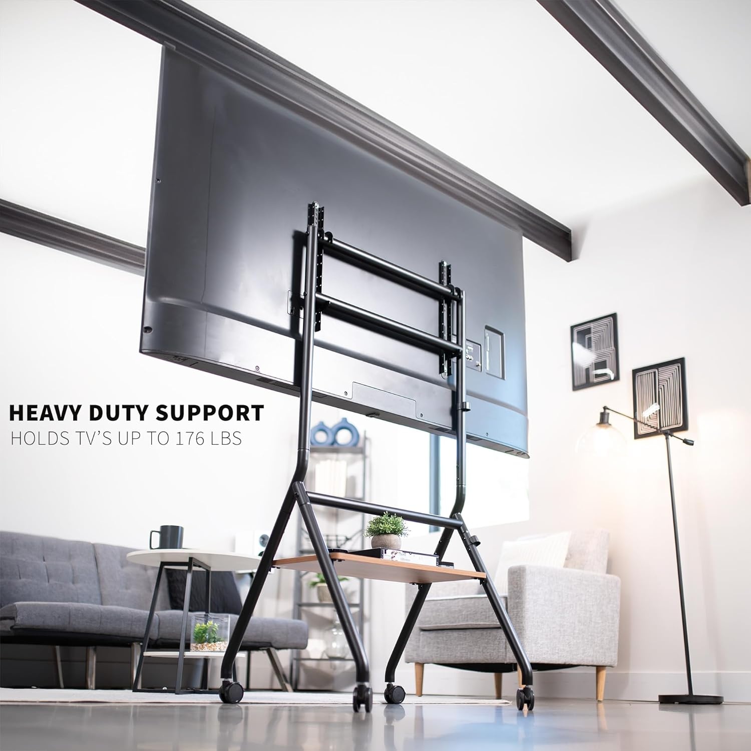 image:imageVIVO Rolling 37 to 86 inch Height Adjustable TV Floor Stand with Shelf Max VESA 600x400mm Dark Wood Shelf Black Frame STANDTV86RD