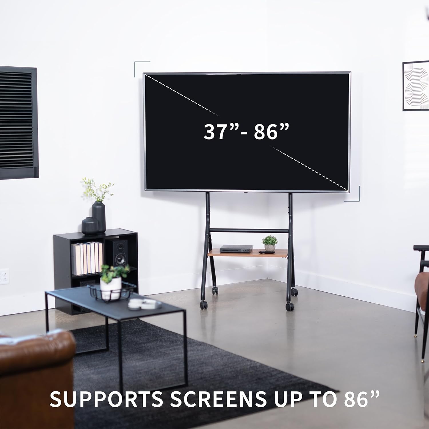 image:imageVIVO Rolling 37 to 86 inch Height Adjustable TV Floor Stand with Shelf Max VESA 600x400mm Dark Wood Shelf Black Frame STANDTV86RD