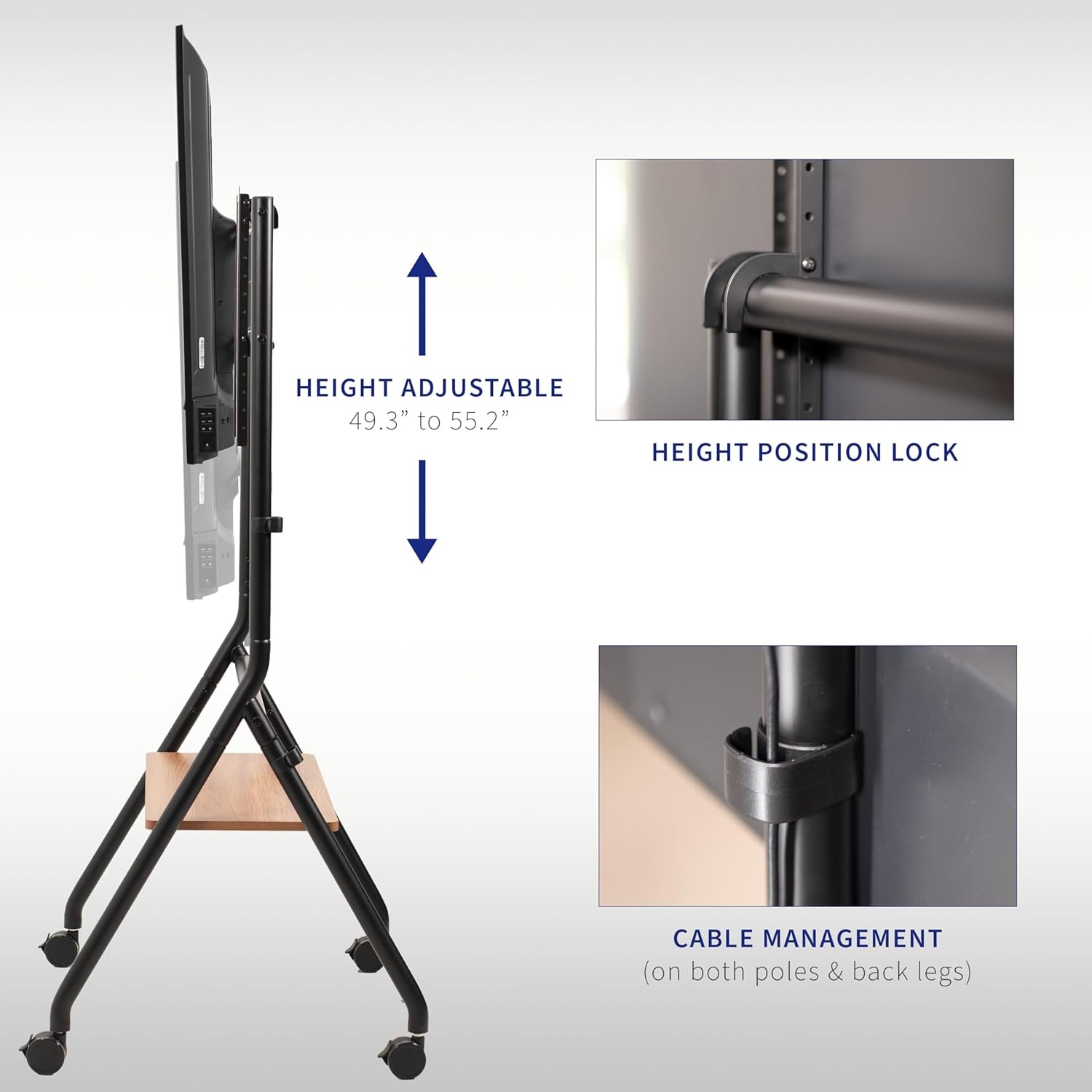 image:imageVIVO Rolling 37 to 86 inch Height Adjustable TV Floor Stand with Shelf Max VESA 600x400mm Dark Wood Shelf Black Frame STANDTV86RD