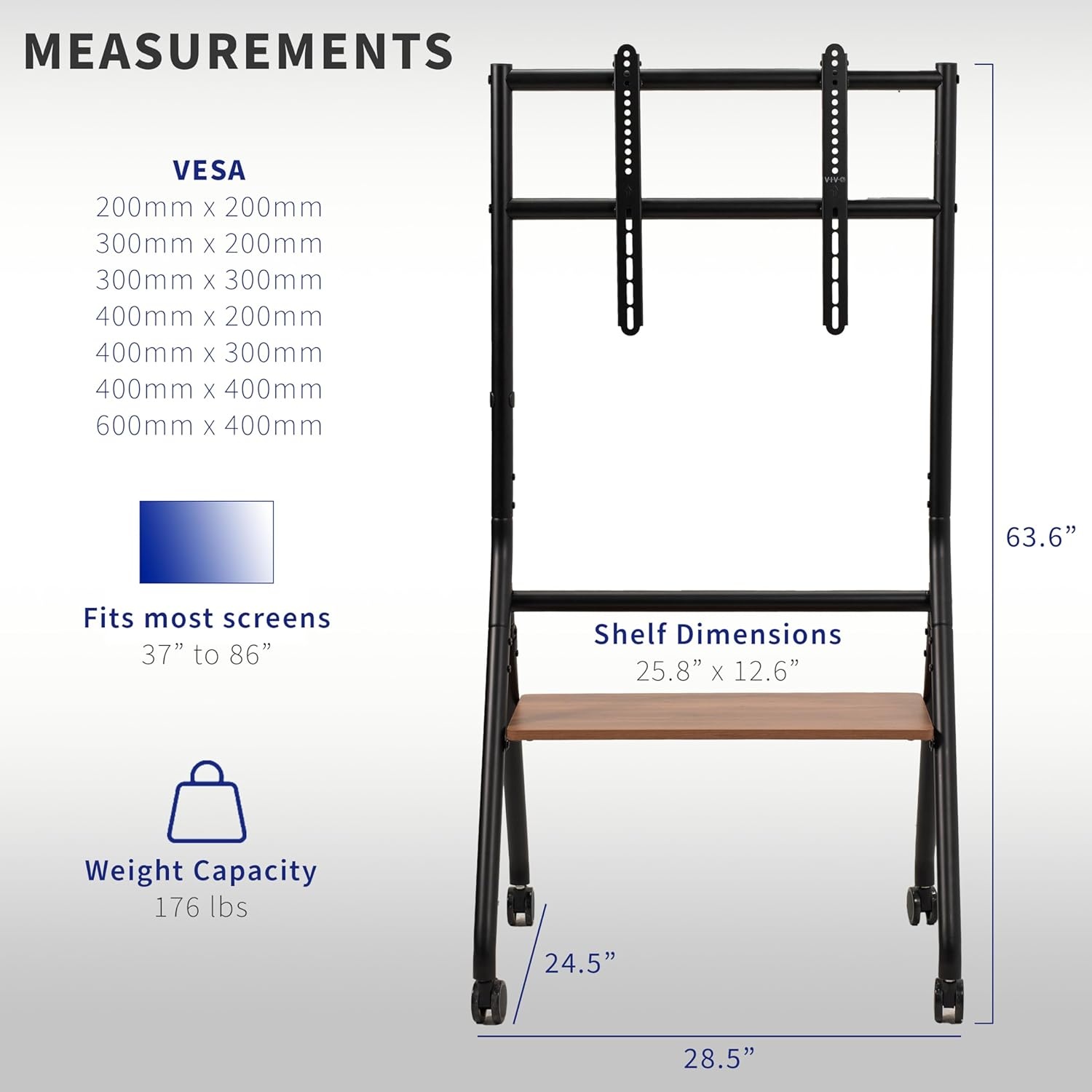 image:imageVIVO Rolling 37 to 86 inch Height Adjustable TV Floor Stand with Shelf Max VESA 600x400mm Dark Wood Shelf Black Frame STANDTV86RD