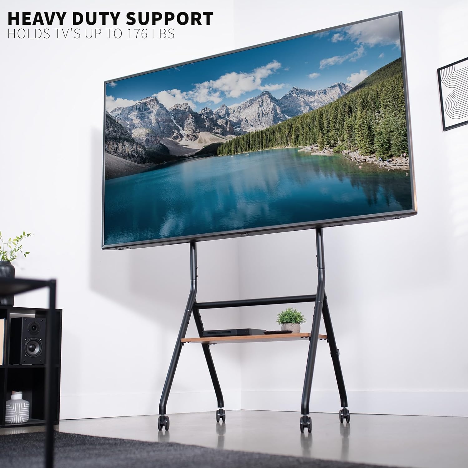 image:imageVIVO Rolling 37 to 86 inch Height Adjustable TV Floor Stand with Shelf Max VESA 600x400mm Dark Wood Shelf Black Frame STANDTV86RD