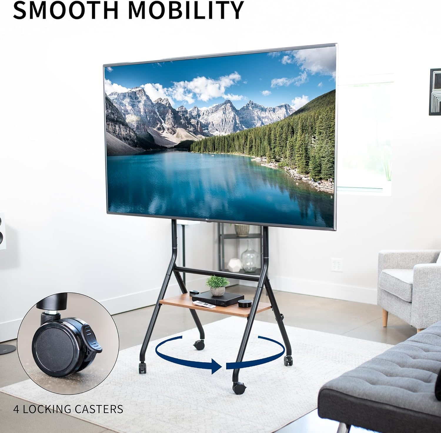 image:imageVIVO Rolling 37 to 86 inch Height Adjustable TV Floor Stand with Shelf Max VESA 600x400mm Dark Wood Shelf Black Frame STANDTV86RD